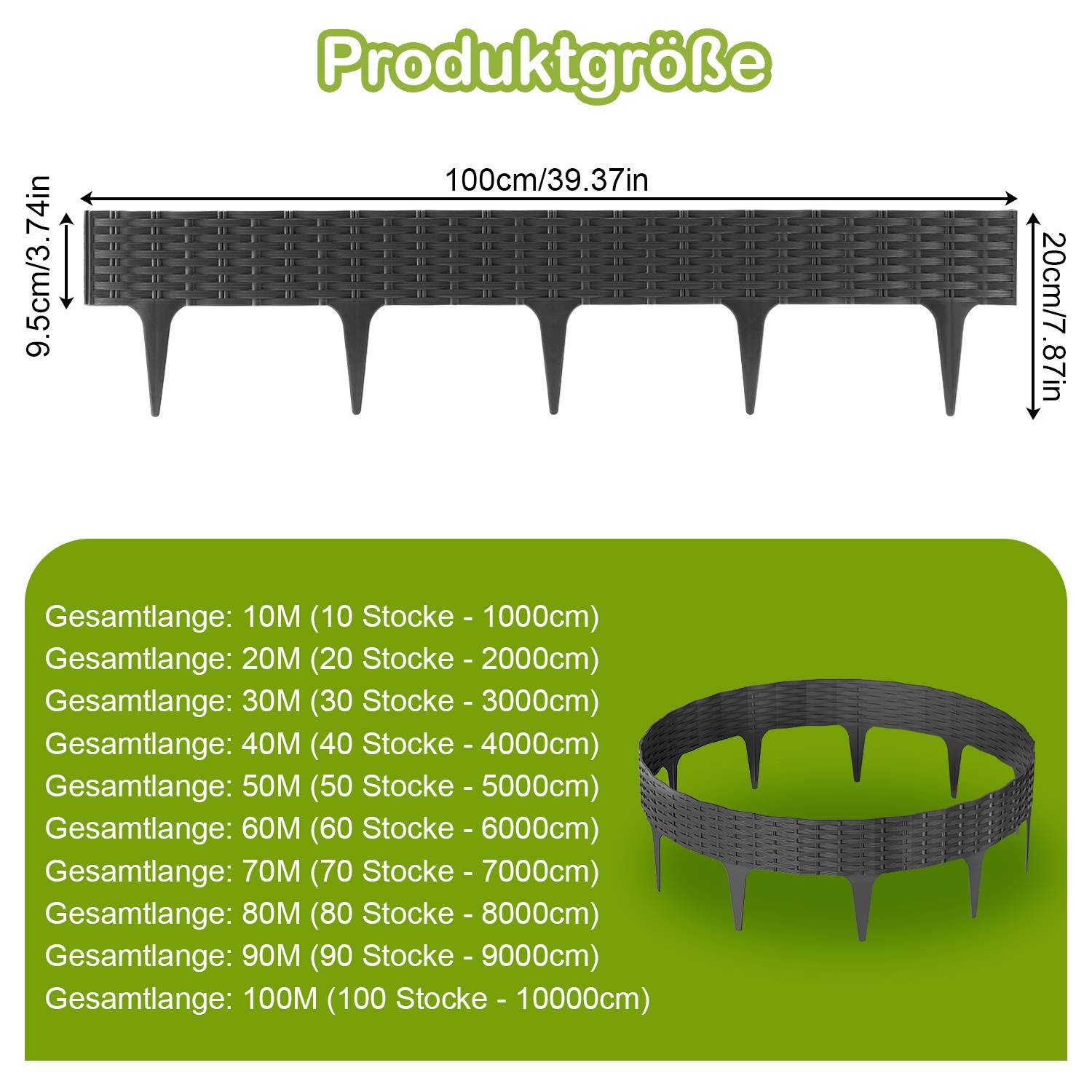 Rasenkante 50 Stücke 50m Beeteinfassung Rattan-Optik Mähkante Wegbegrenzung Beetumrandung Palisade Kunststoff Anthrazit