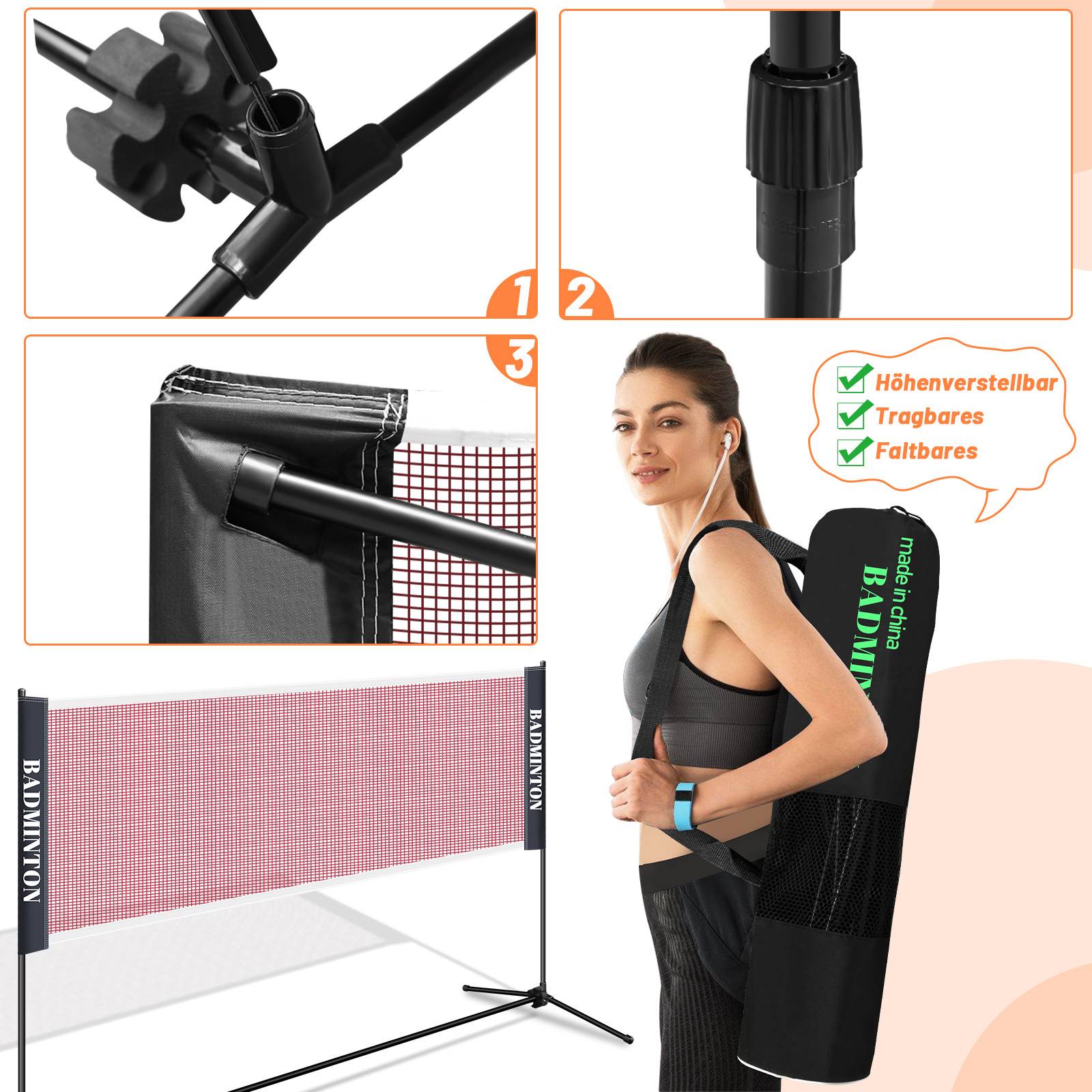 Badmintonnetz 310cm breit Tennisnetz Federballnetz Volleyballnetz Tragbares Trainingsnetz Höhenverstellbar mit Tragetasche