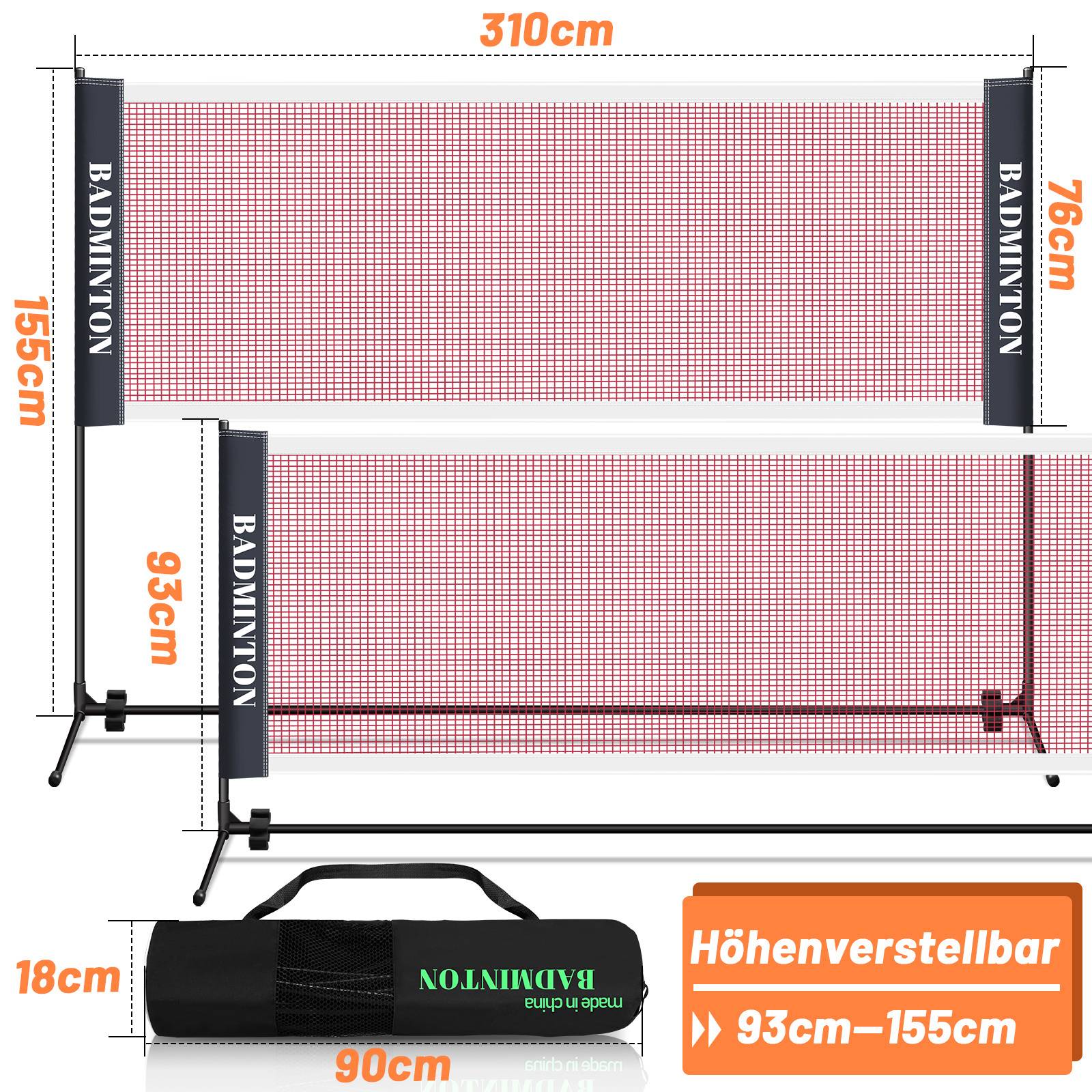 Badmintonnetz 310cm breit Tennisnetz Federballnetz Volleyballnetz Tragbares Trainingsnetz Höhenverstellbar mit Tragetasche