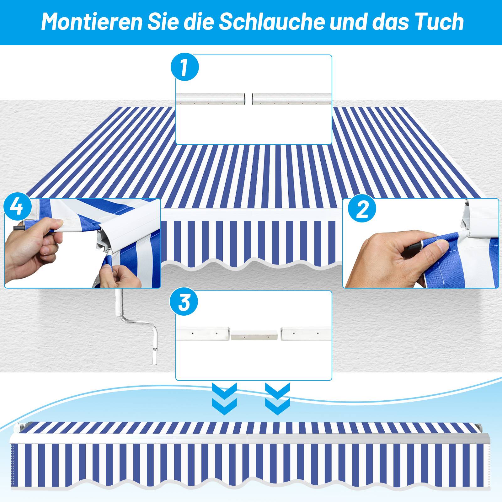 Gelenkarmmarkise 250x200cm Sonnenmarkise Terrassenmarkise für Sonnenschutz & Regenschutz, Balkonmarkise mit Handkurbel Blau/Weiß