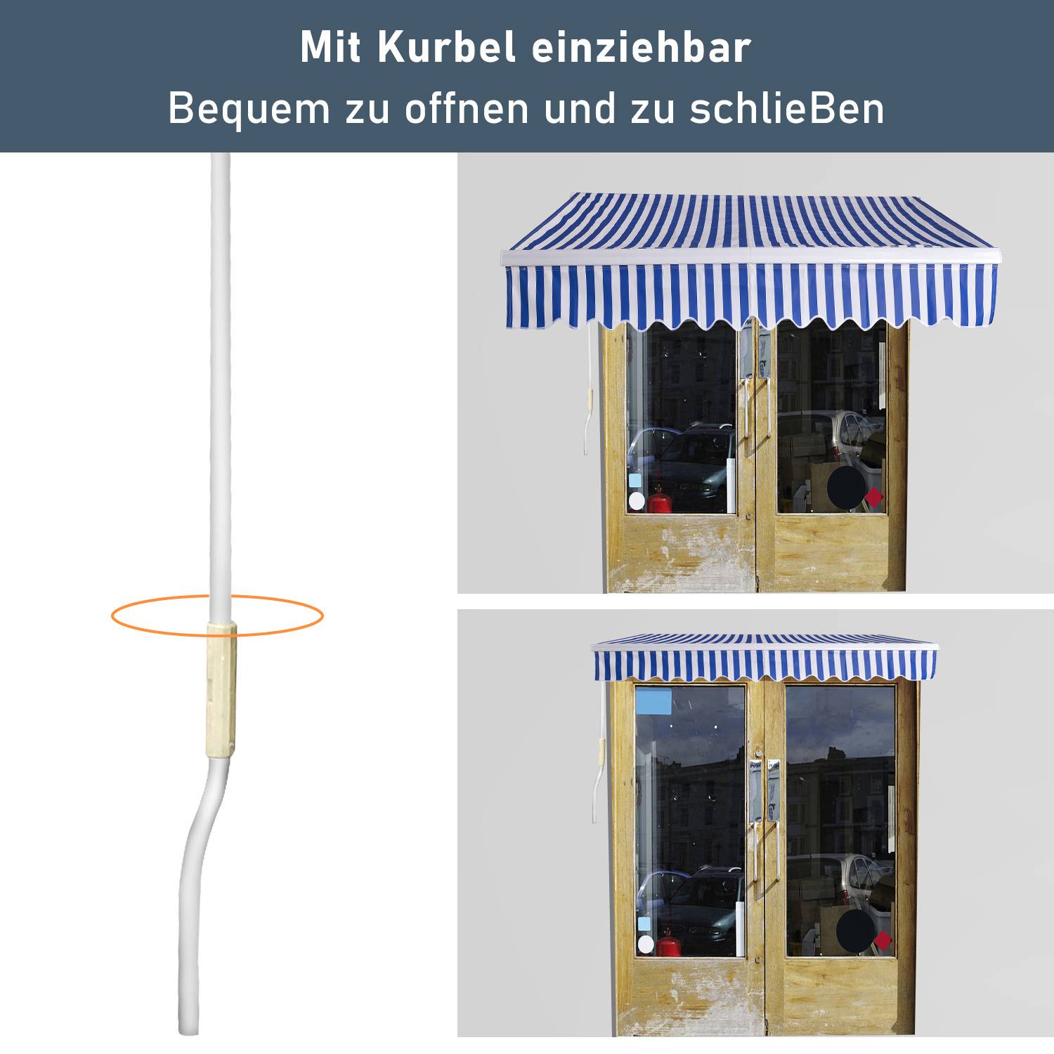 Gelenkarmmarkise 250x200cm Sonnenmarkise Terrassenmarkise für Sonnenschutz & Regenschutz, Balkonmarkise mit Handkurbel Blau/Weiß