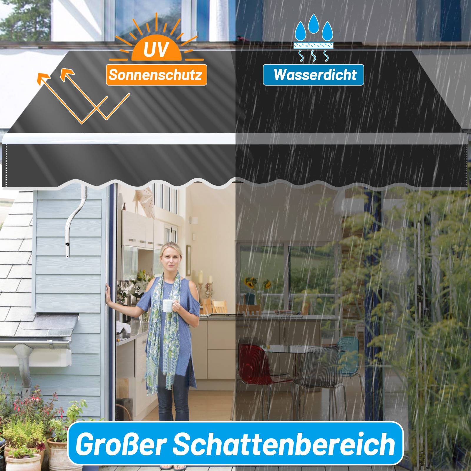 Gelenkarmmarkise 350x300cm Sonnenmarkise Terrassenmarkise für Sonnenschutz & Regenschutz, Balkonmarkise mit Handkurbel Grau