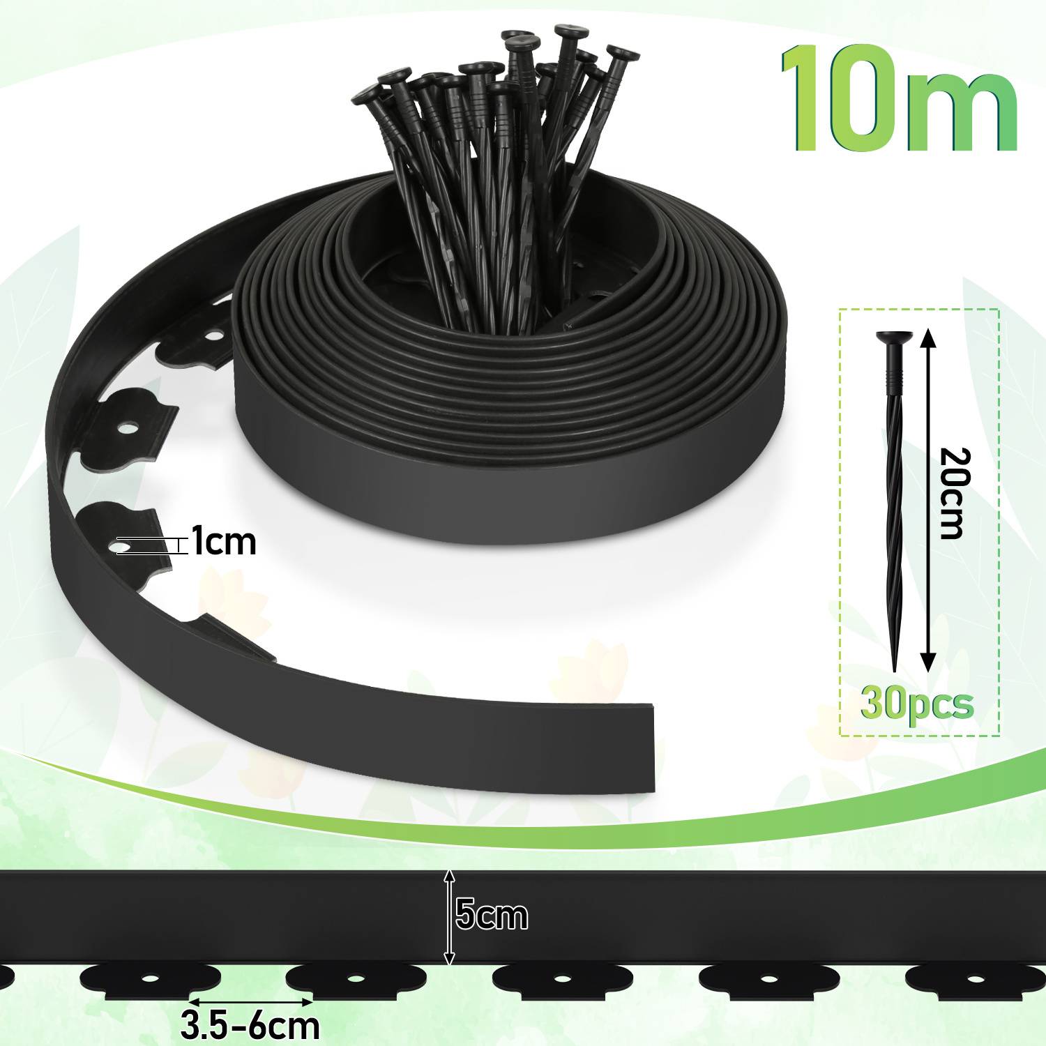 Flexible Rasenkante 10m x 5cm mit 30 Erdanker aus Kunststoff zur Verankerung Beetumrandung Beeteinfassungen Schwarz