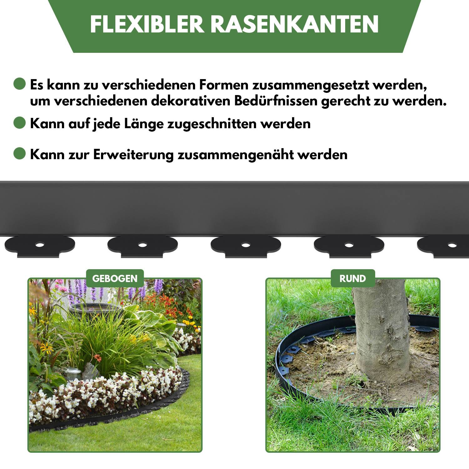 50m Flexible Rasenkante aus Kunststoff zur Verankerung Beetumrandung Beeteinfassungen Schwarz mit 150 Erdanker