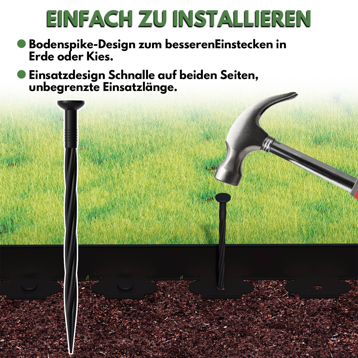 Flexible Rasenkante 10m x 5cm mit 30 Erdanker aus Kunststoff zur Verankerung Beetumrandung Beeteinfassungen Schwarz