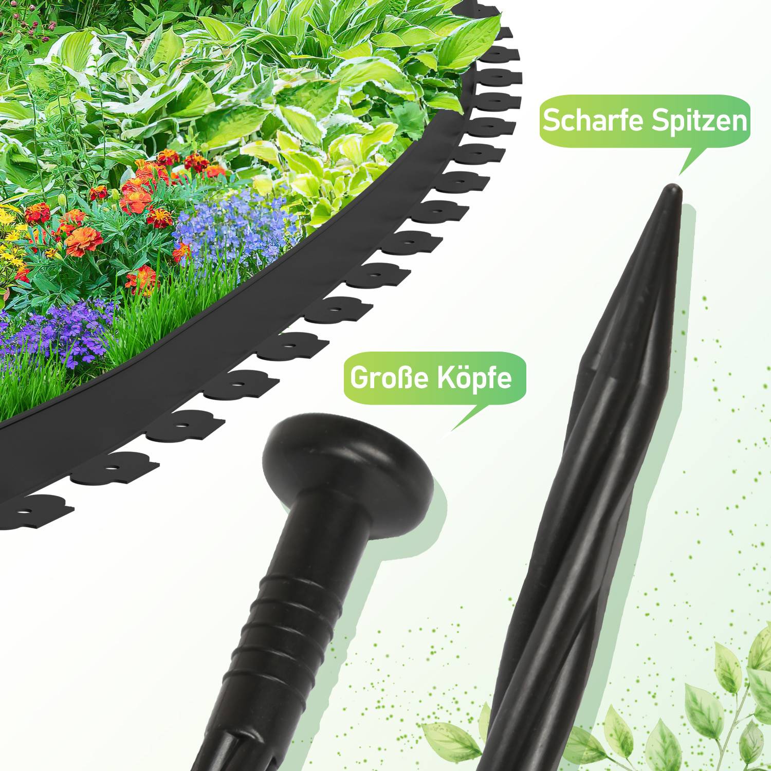 Flexible Rasenkante 20m x 5cm mit 60 Erdanker aus Kunststoff zur Verankerung Beetumrandung Beeteinfassungen Schwarz