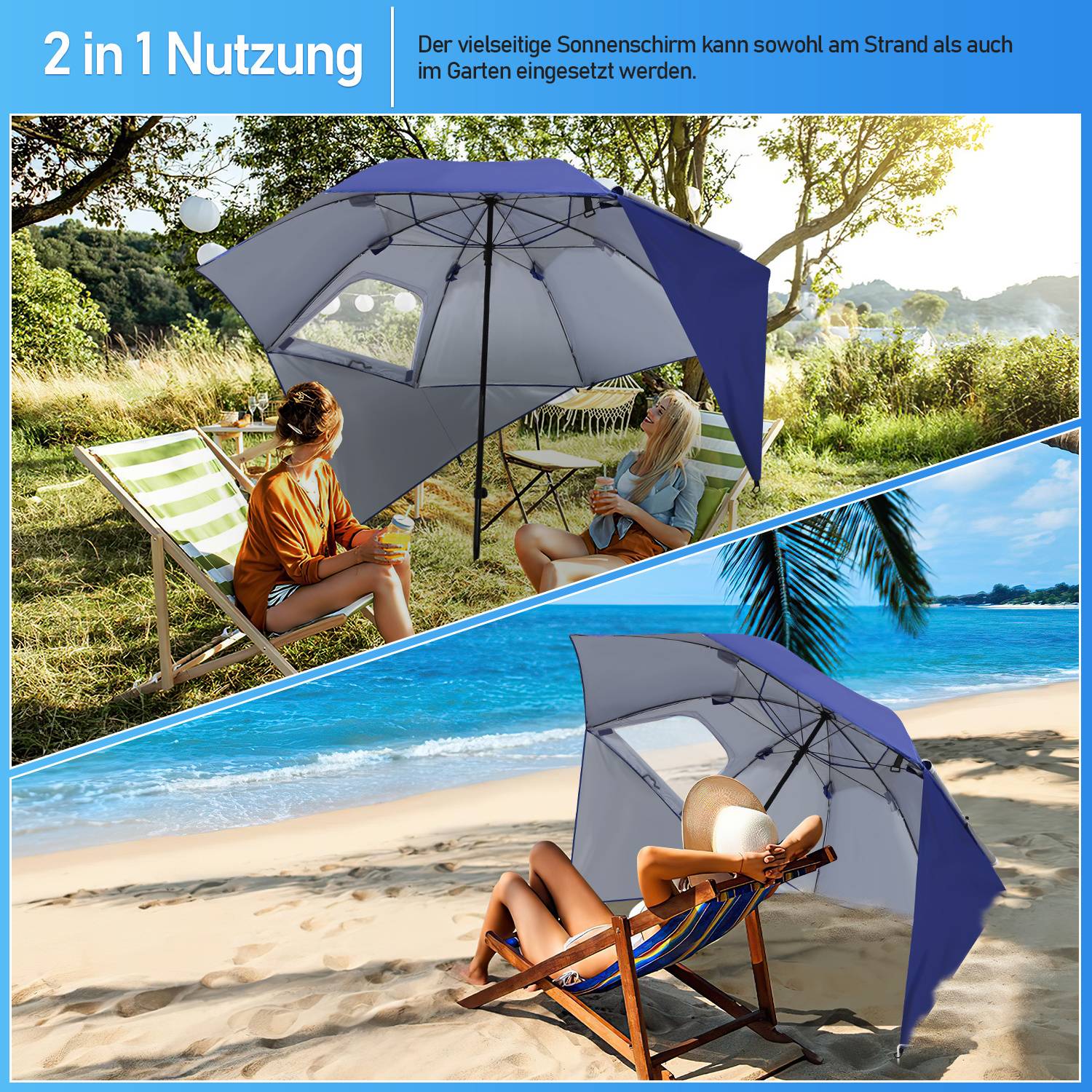 Sonnenschirm wetterbeständig 210 cm x 200 cm mit Ständer, Sonnenschutz, UV-Schutz bis UPF 50+, leichtes Öffnen und Schließen, für Garten, Terrass
