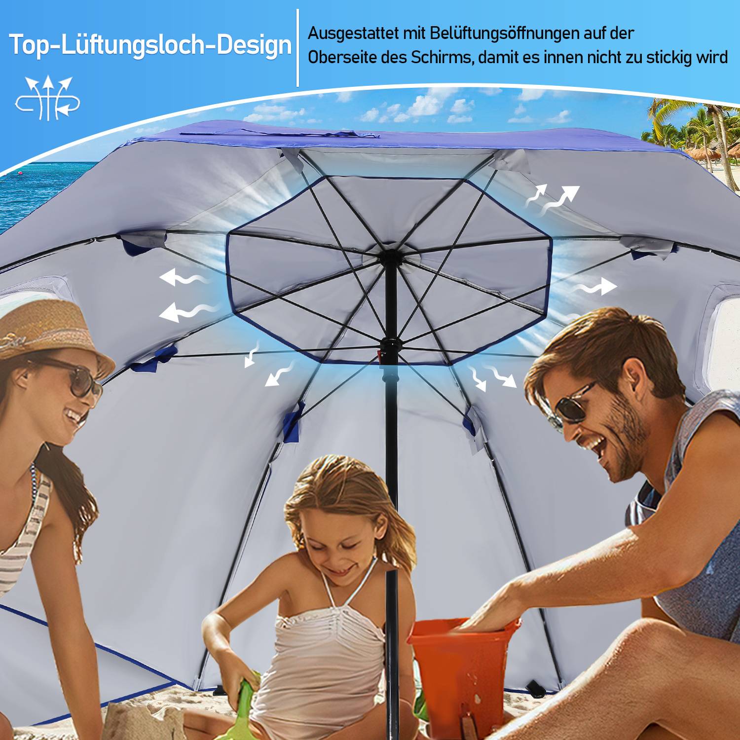 Groß Sonnenschirm Ampelschirm 210 x 200 cm für Balkon Terrasse Garten,Sonnenschutz UV-Schutz bis UPF 50+ und wasserdicht Bespannung, Blau