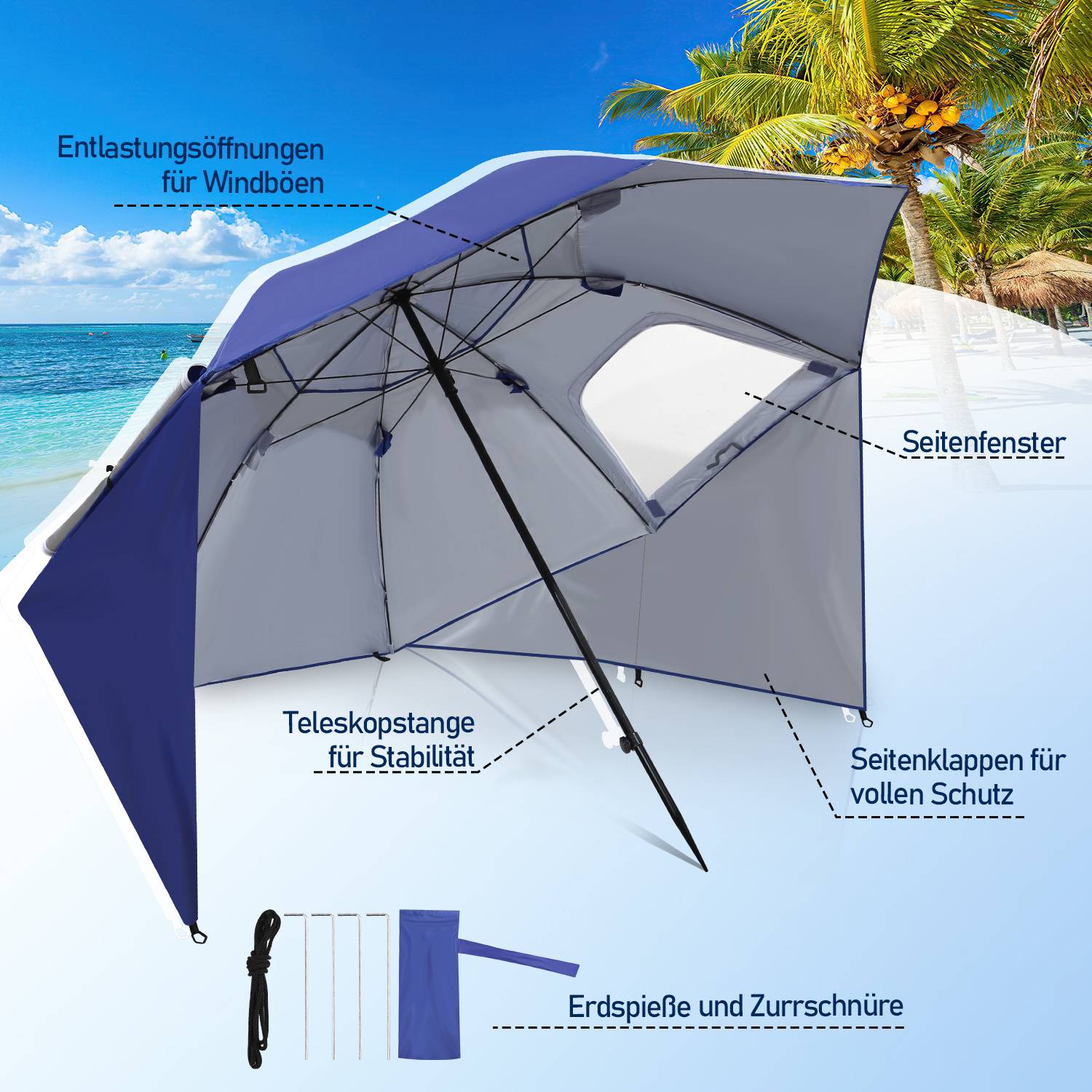 Sonnenschirm Sonnenschutz UV-Schutz UPF 50+ 210cm aus Stahl mit Kippfunktion Strandschirm Balkonschirm Gartenschirm