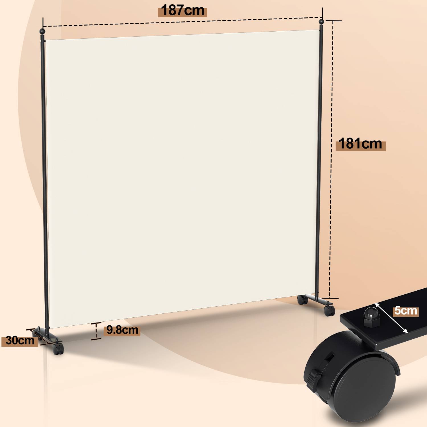 Paravent mit Rollen 1 teilig Beige 187x181 cm Faltbarer Raumteiler Outdoor Trennwand Garten Sichtschutz Raumtrenner
