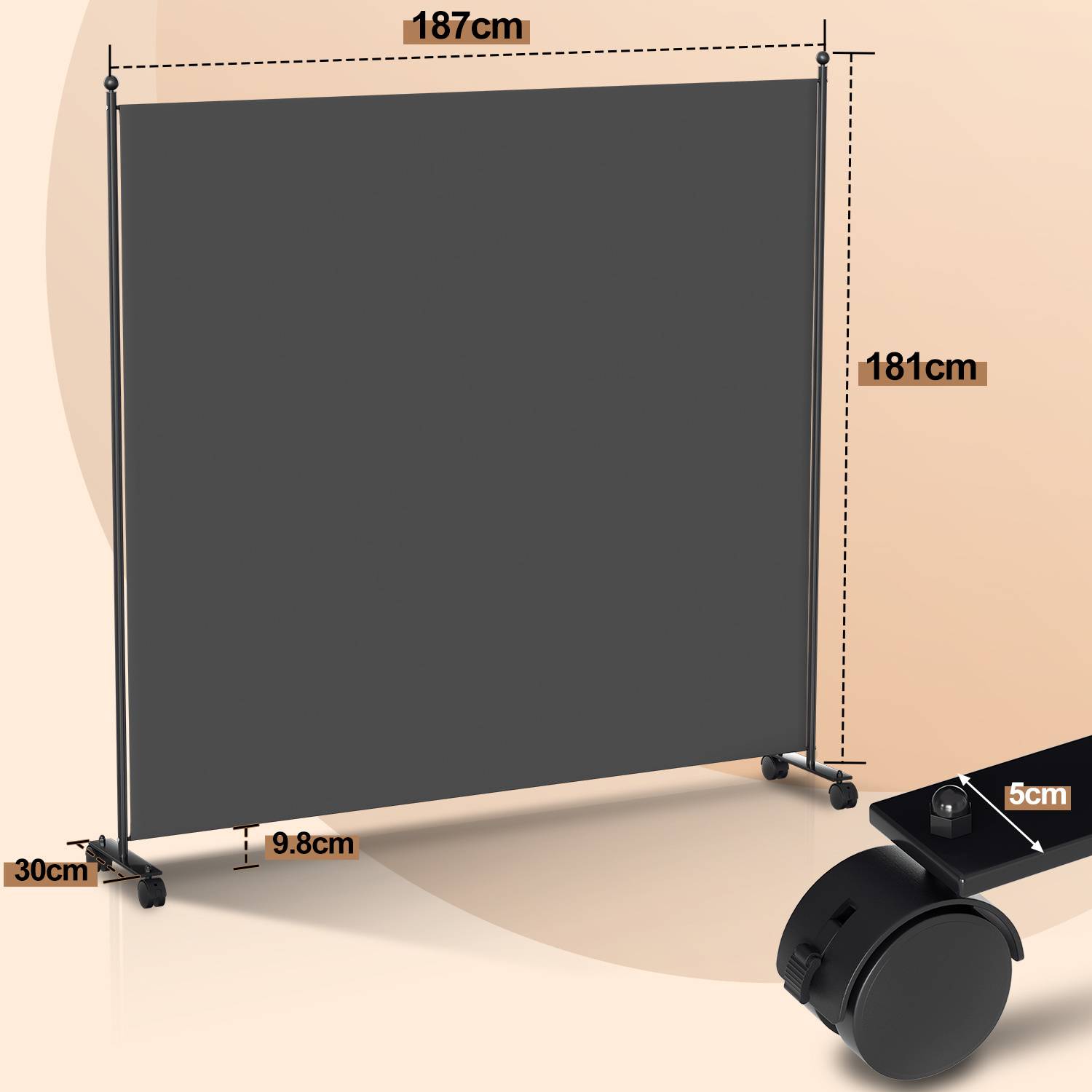 Paravent auf Rollen 1 teilig Anthrazit 187x181cm Outdoor Raumteiler Garten Spanische Wand Trennwand Raumtrenner