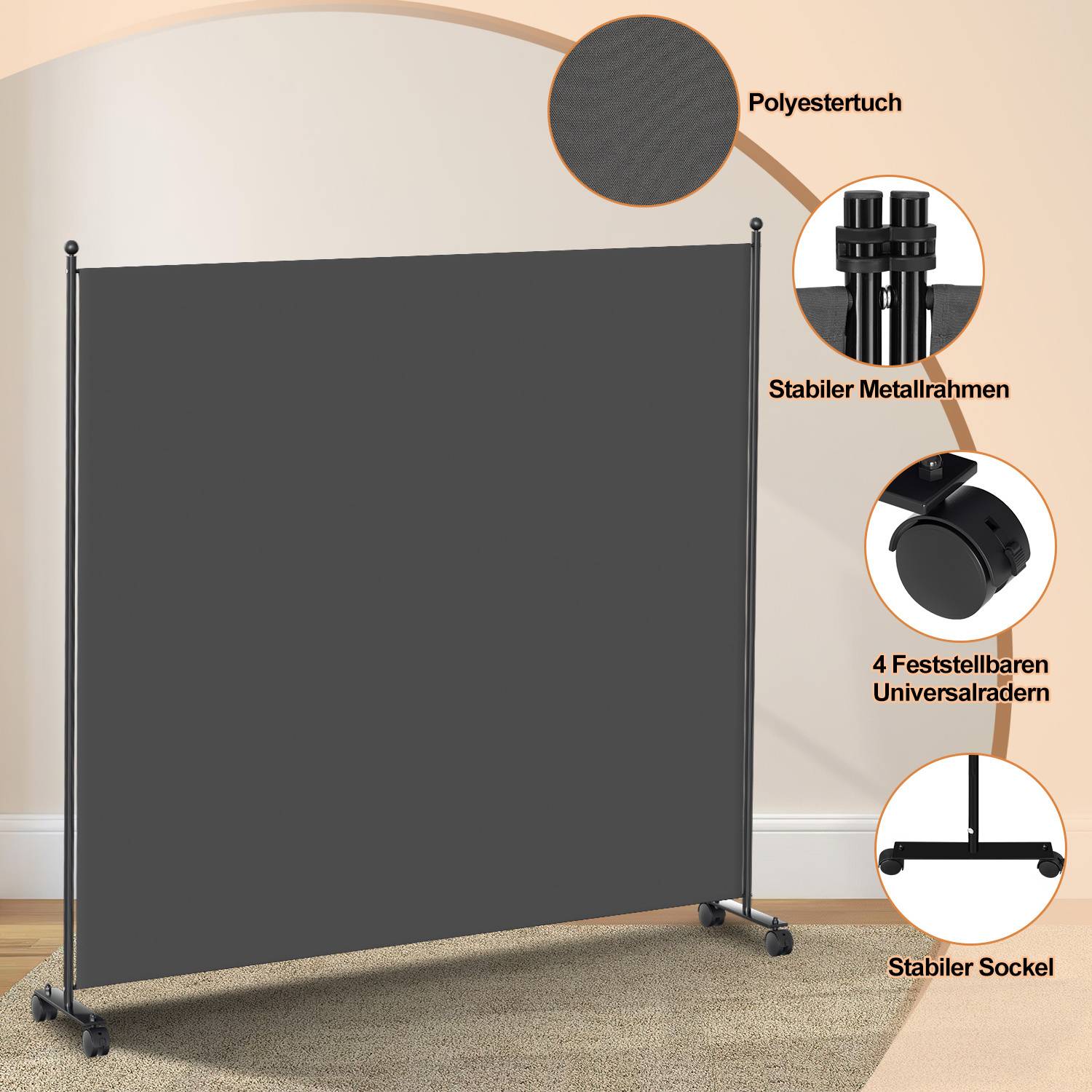 Paravent mit Rollen 1 teilig Anthrazit 187x181 cm Faltbarer Raumteiler Outdoor Trennwand Garten Sichtschutz Raumtrenner