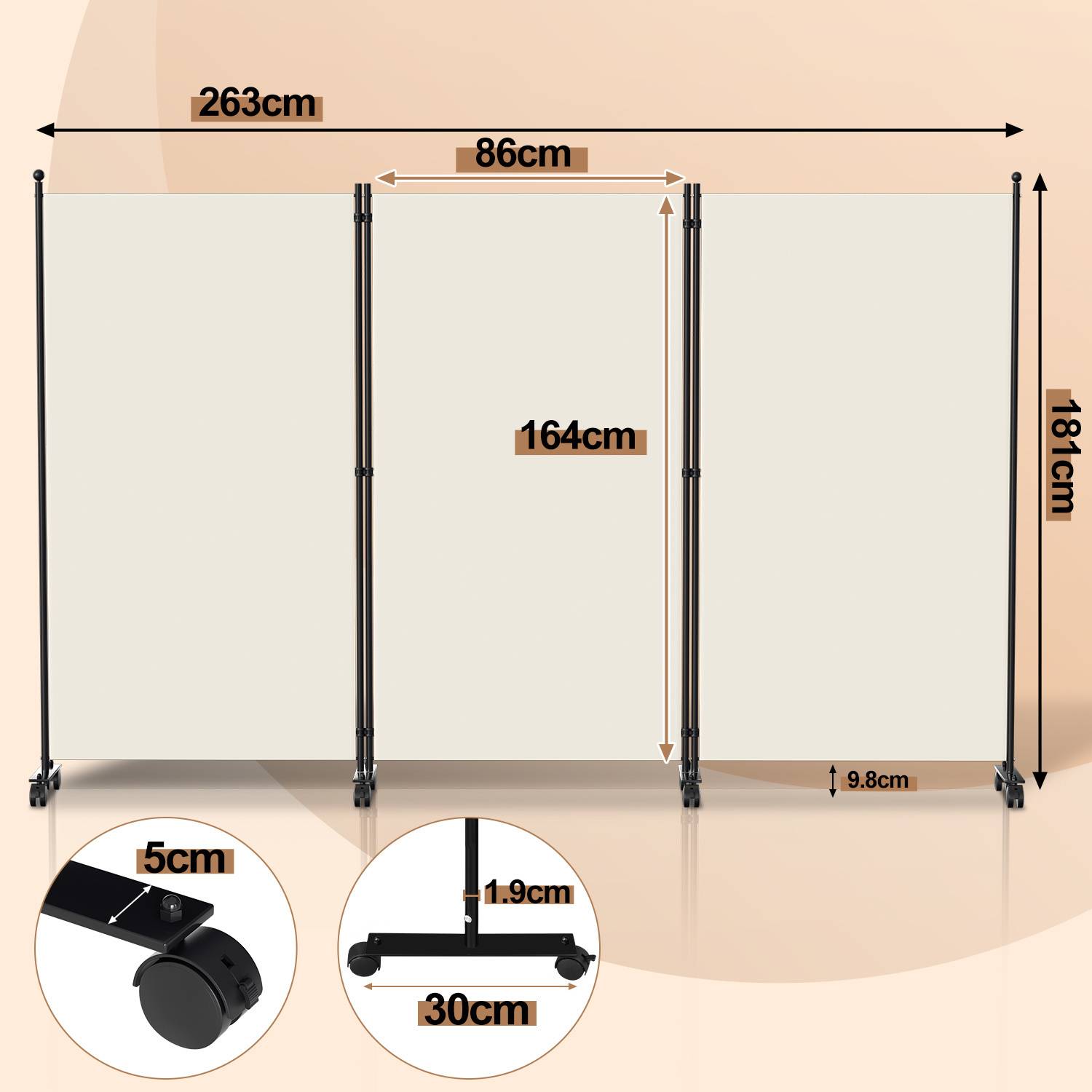 Paravent mit Rollen 3 teilig Beige 263x181 cm Faltbarer Raumteiler Outdoor Trennwand Garten Sichtschutz Raumtrenner
