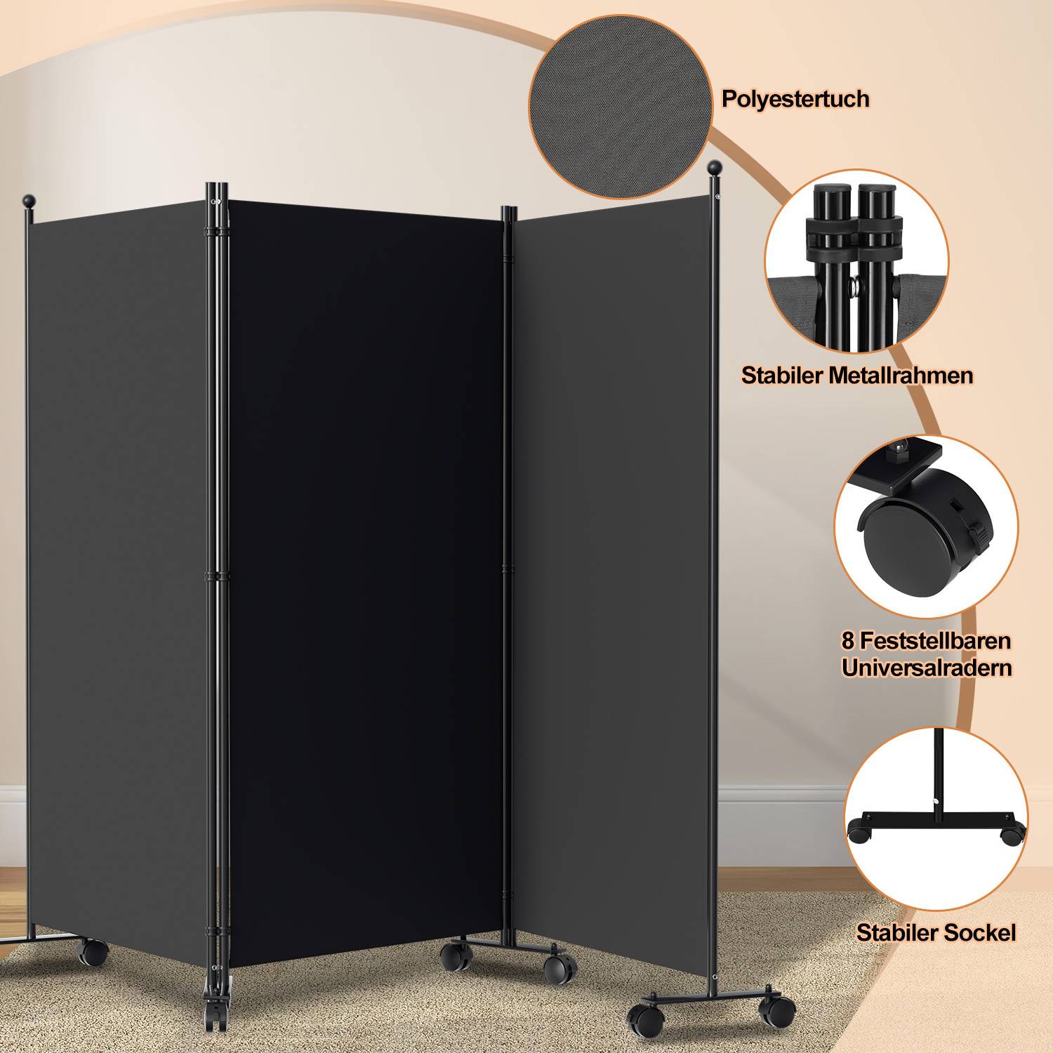 Paravent auf Rollen 3 teilig Anthrazit 263x181cm Outdoor Raumteiler Garten Spanische Wand Trennwand Raumtrenner