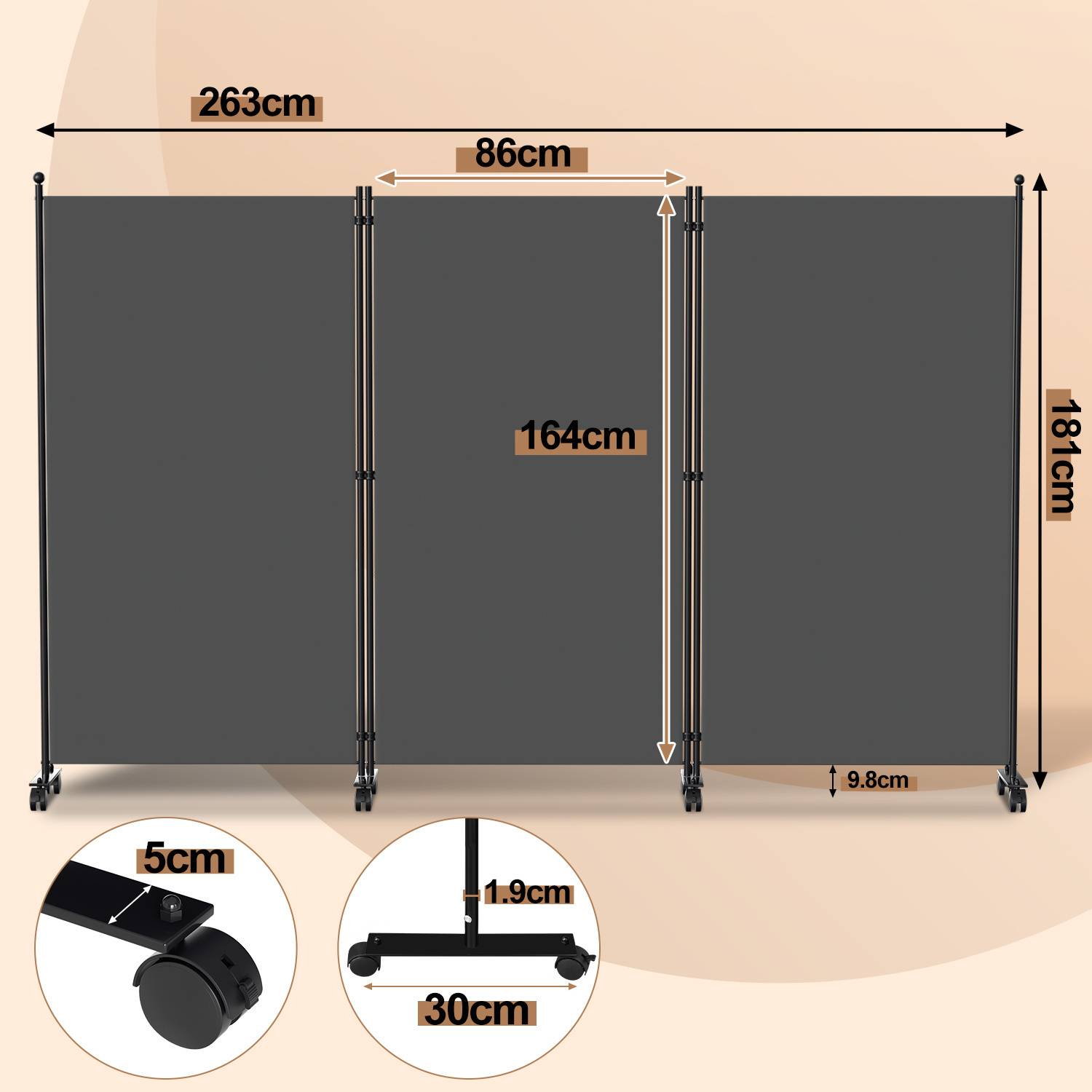 Paravent mit Rollen 3 teilig Anthrazit 263x181 cm Faltbarer Raumteiler Outdoor Trennwand Garten Sichtschutz Raumtrenner