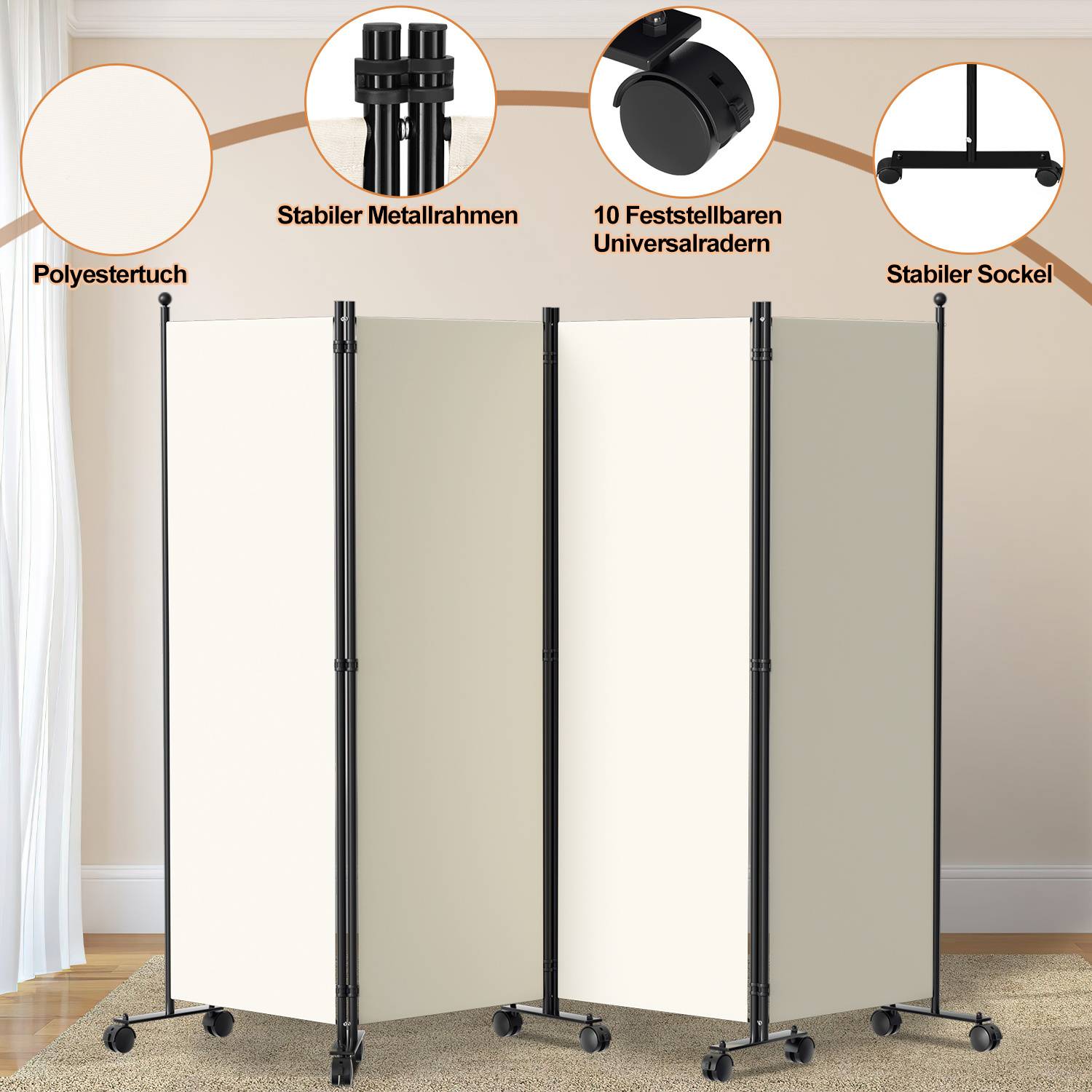 Paravent auf Rollen 4 teilig Beige 228x181cm Outdoor Raumteiler Garten Spanische Wand Trennwand Raumtrenner