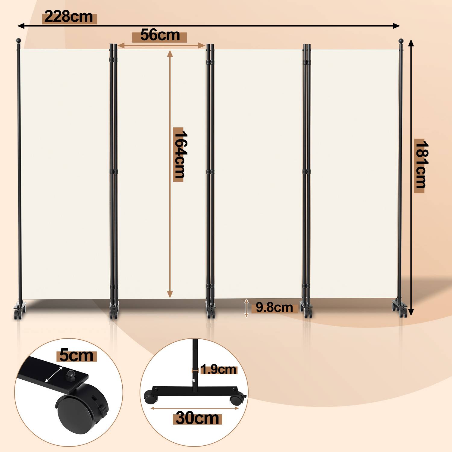 Paravent auf Rollen 4 teilig Beige 228x181cm Outdoor Raumteiler Garten Spanische Wand Trennwand Raumtrenner