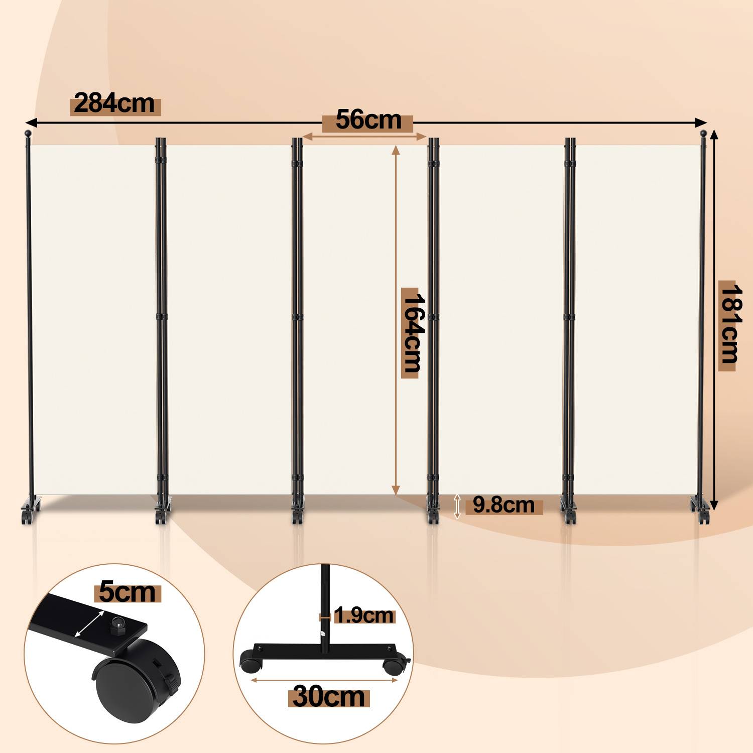 Paravent auf Rollen 5 teilig Beige 284x181cm Outdoor Raumteiler Garten Spanische Wand Trennwand Raumtrenner