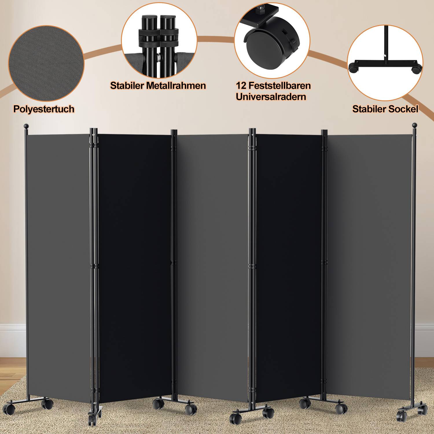 Paravent auf Rollen 5 teilig Anthrazit 284x181cm Outdoor Raumteiler Garten Spanische Wand Trennwand Raumtrenner