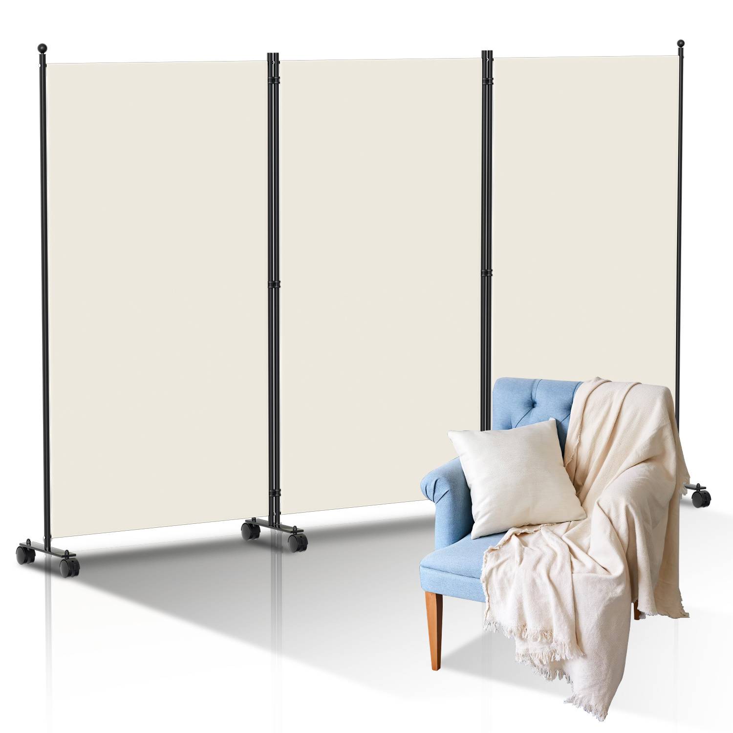 Paravent mit Rollen 3 teilig Beige 263x181 cm Faltbarer Raumteiler Outdoor Trennwand Garten Sichtschutz Raumtrenner