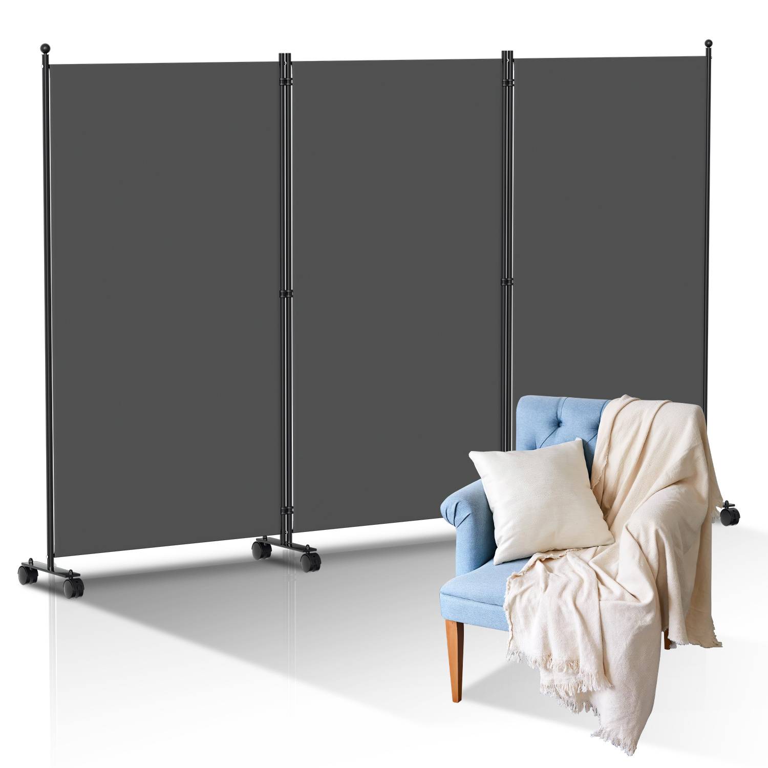 Paravent mit Rollen 3 teilig Anthrazit 263x181 cm Faltbarer Raumteiler Outdoor Trennwand Garten Sichtschutz Raumtrenner