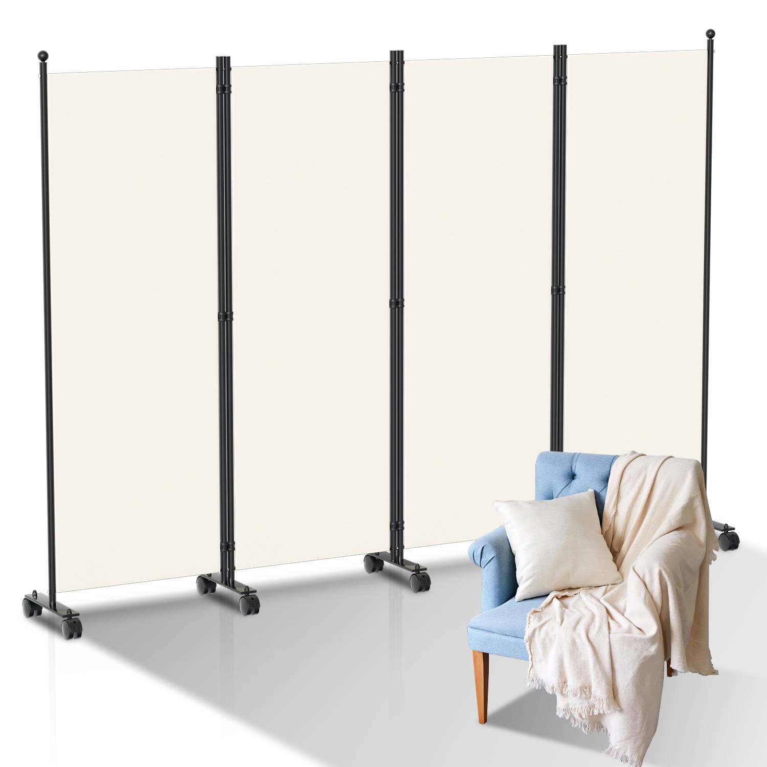 Paravent mit Rollen 4 teilig Beige 228x181 cm Faltbarer Raumteiler Outdoor Trennwand Garten Sichtschutz Raumtrenner