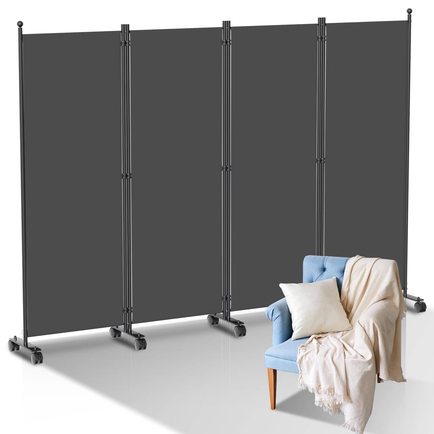 Paravent mit Rollen 4 teilig Anthrazit 228x181 cm Faltbarer Raumteiler Outdoor Trennwand Garten Sichtschutz Raumtrenner