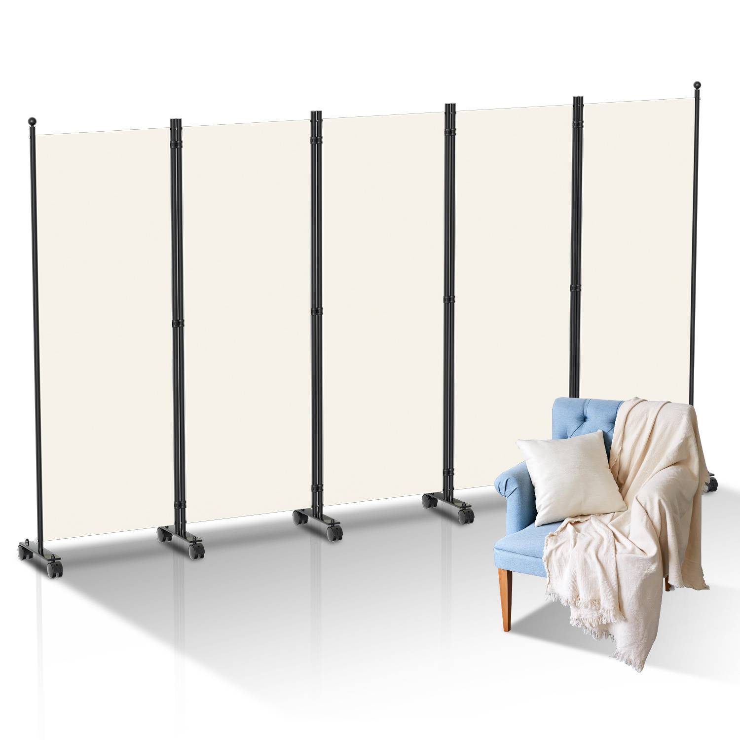 Paravent mit Rollen 5 teilig Beige 284x181 cm Faltbarer Raumteiler Outdoor Trennwand Garten Sichtschutz Raumtrenner