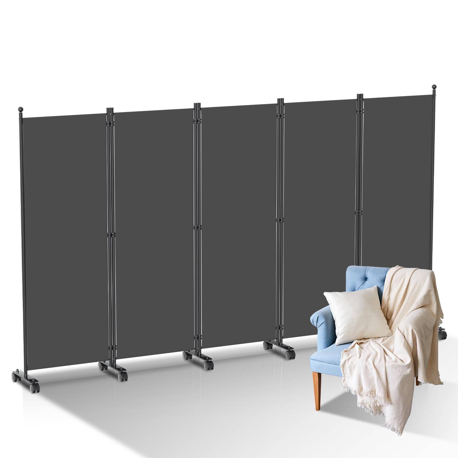 Paravent mit Rollen 5 teilig Anthrazit 284x181 cm Faltbarer Raumteiler Outdoor Trennwand Garten Sichtschutz Raumtrenner