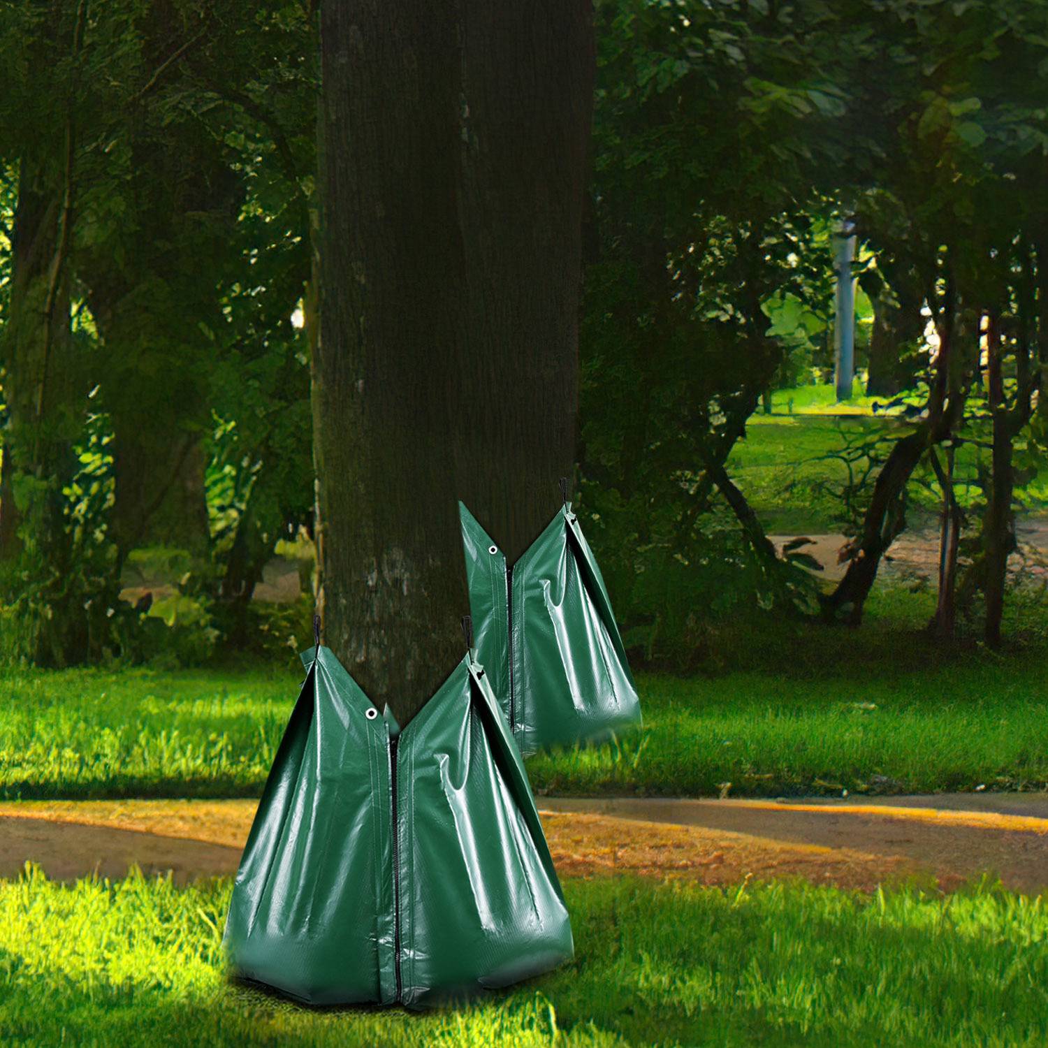 treebag 15 Stück PVC Bewässerungssack 75 Liter Bewässerungsbeutel Wassersack Grün für Bäume