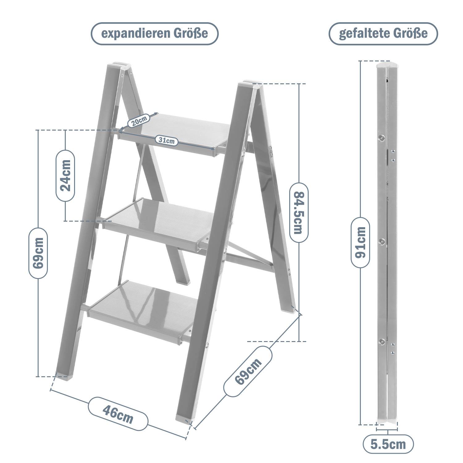 Stehleiter Klappleiter 3 Stufen Silber Trittleiter Klapptritt Alu