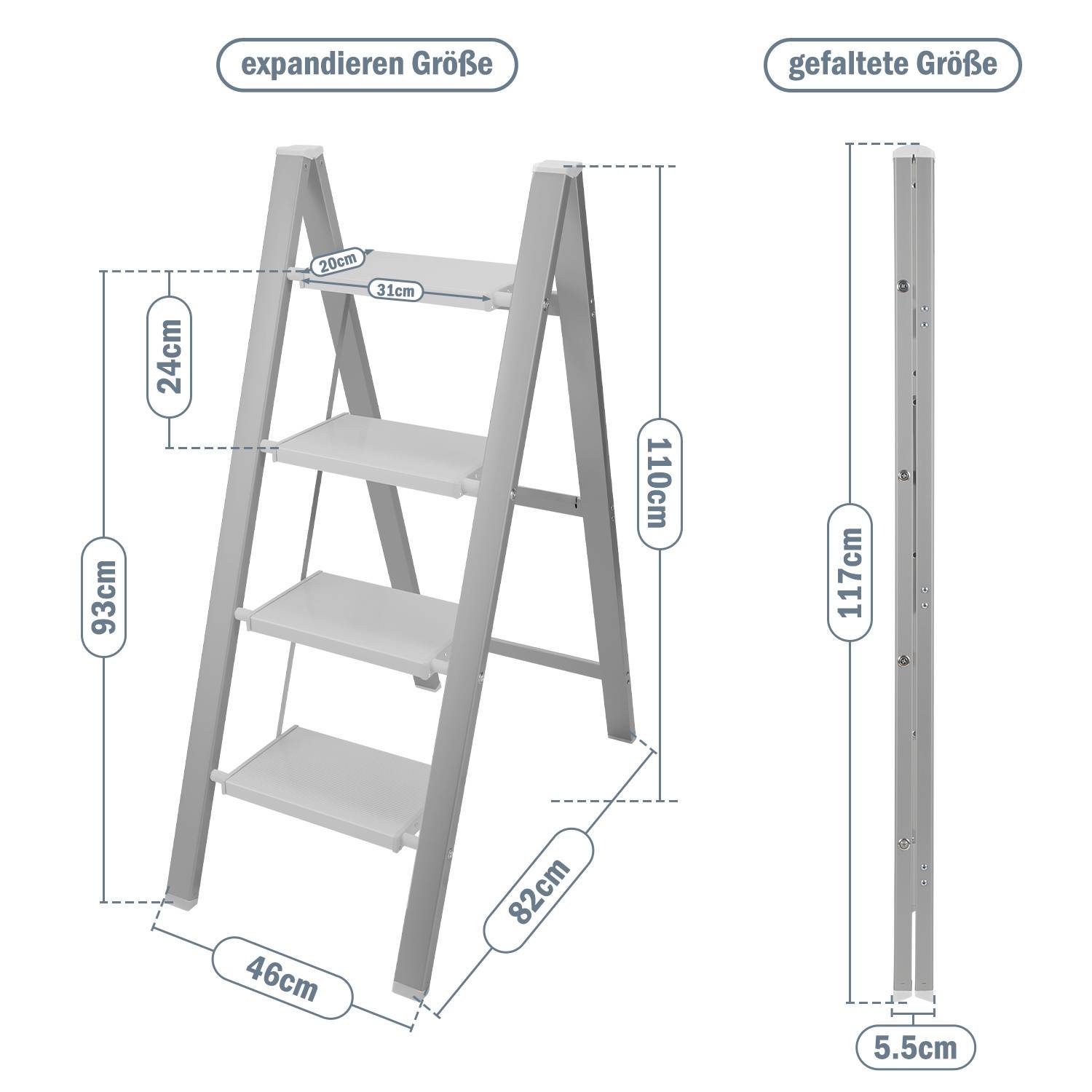 Stehleiter Klappleiter 4 Stufen Silber Trittleiter Klapptritt Alu