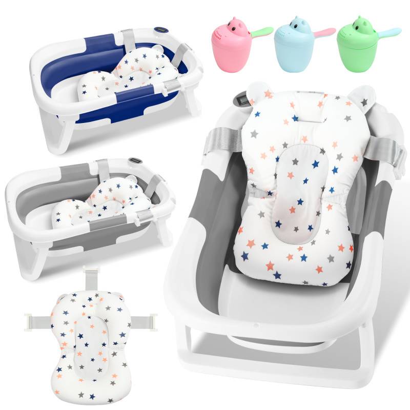 Baby Badewanne Babywanne Bathtub Badesitz faltbar mit Thermometer verstärkten Haltegurten für Babys für 0-6 Jahre Rosa