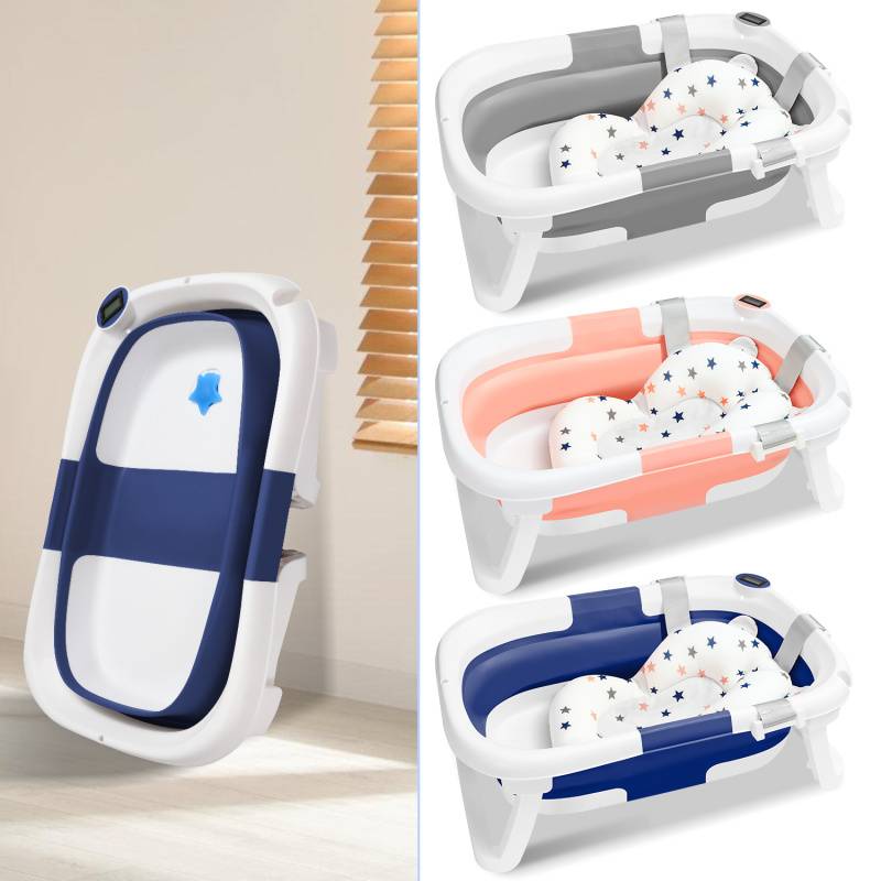 Baby Badewanne Babywanne Bathtub Badesitz faltbar mit Thermometer verstärkten Haltegurten für Babys für 0-6 Jahre Blau