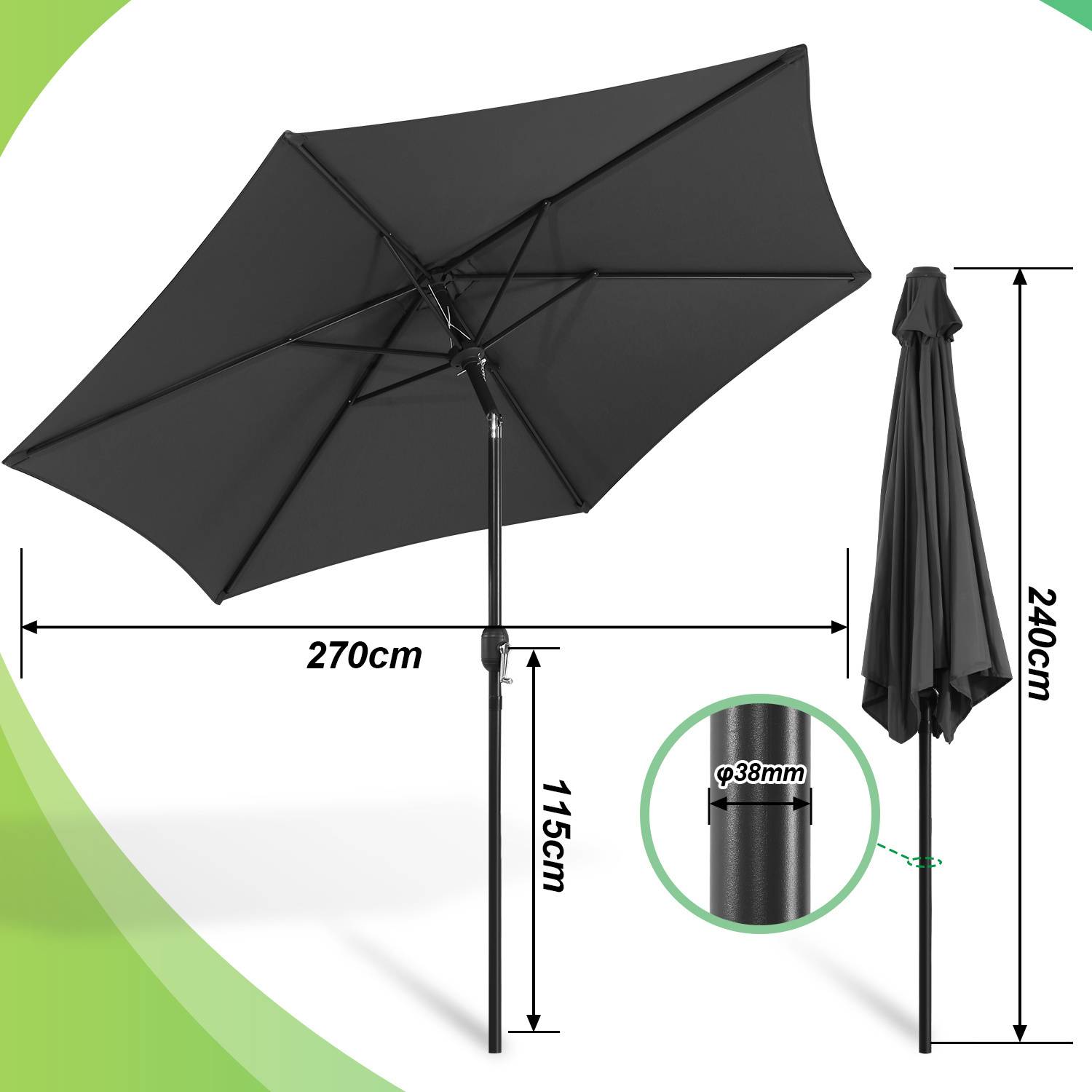 Sonnenschirm Strandschirm, Ø 270 cm Grau Gartenschirm Marktschirm, Terrassenschirm mit Schutzhülle, Sonnenschutzschirm, Ampelschirm Schutzhülle