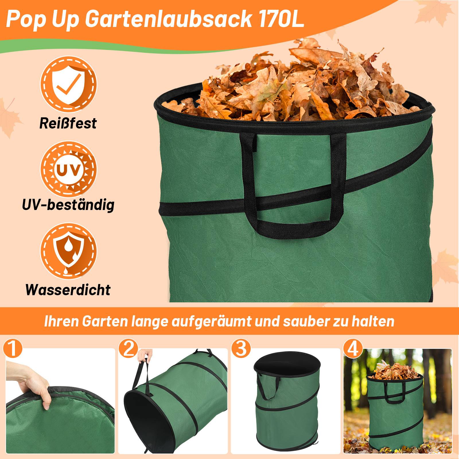 4X Gartensack 170L Pop Up Laubsack Gartenabfallsack XXL Garten Tasche Rasensack mit Griffen Reißfest Wiederverwendbar