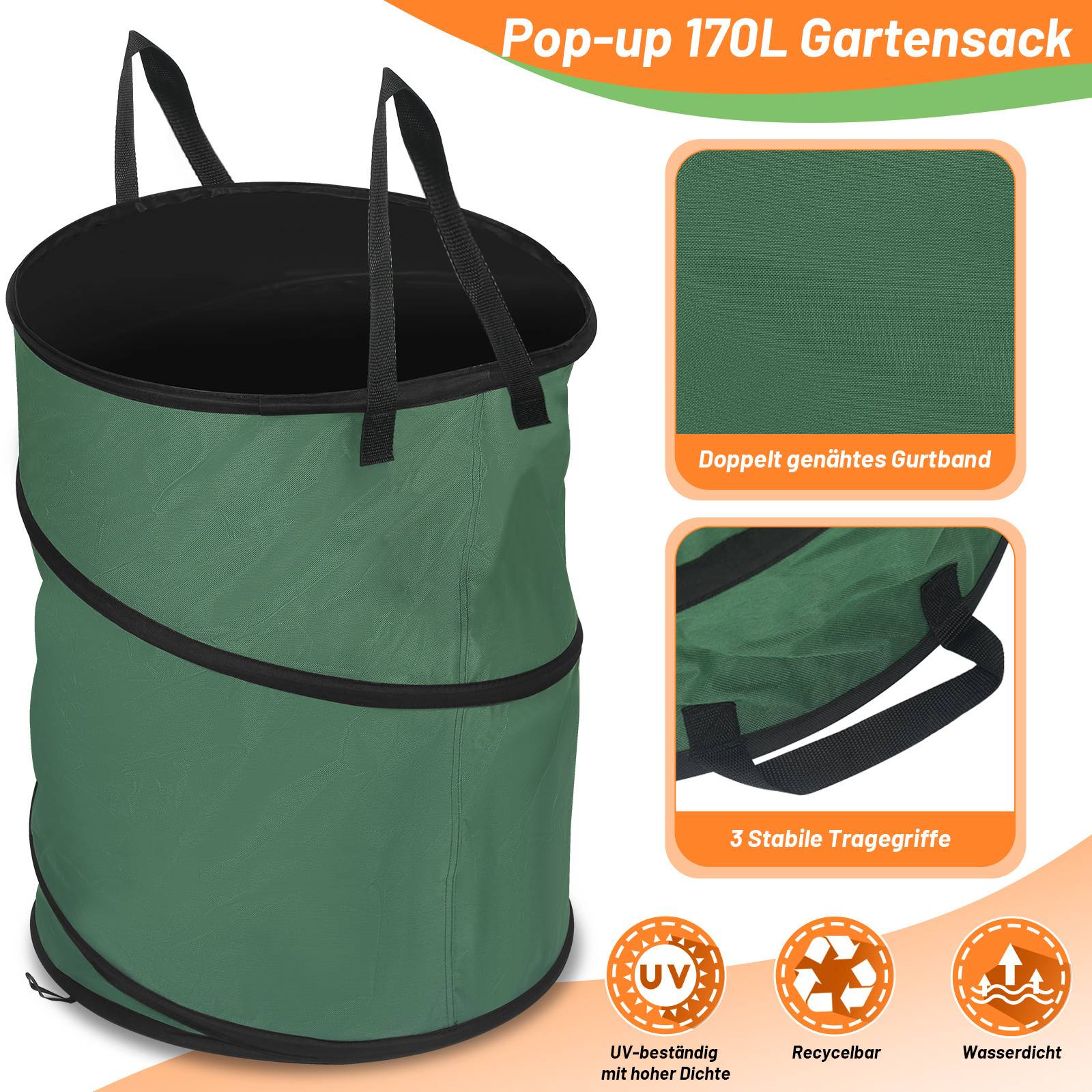 2X Gartensack 170L Pop Up Laubsack Gartenabfallsack XXL Garten Tasche Rasensack mit Griffen Reißfest Wiederverwendbar