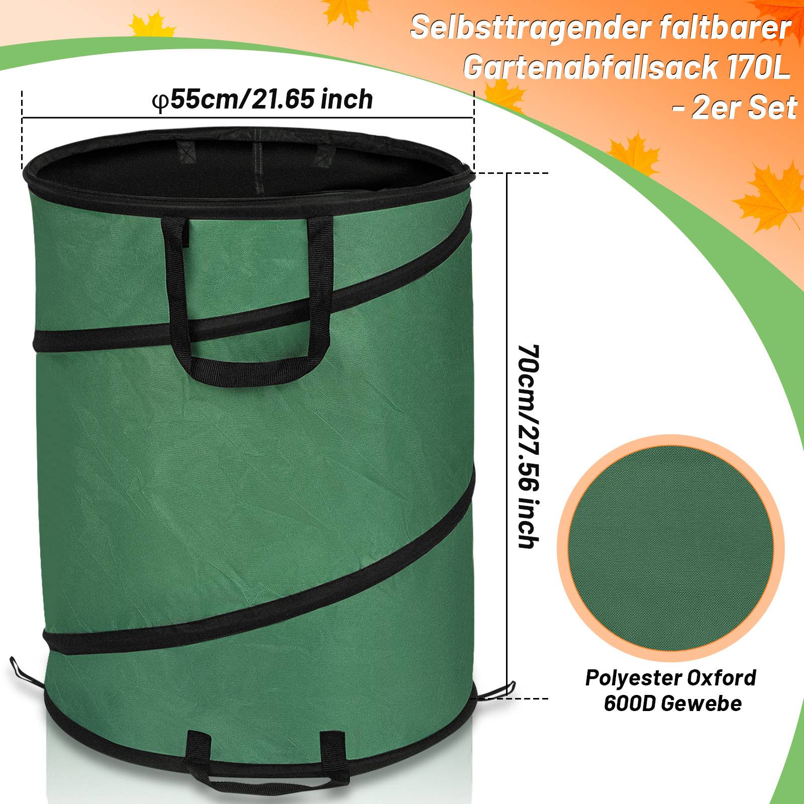 Gartensack 6X 170L Pop Up Laubsack Gartenabfallsack XXL Garten Tasche Rasensack mit Griffen Reißfest Wiederverwendbar