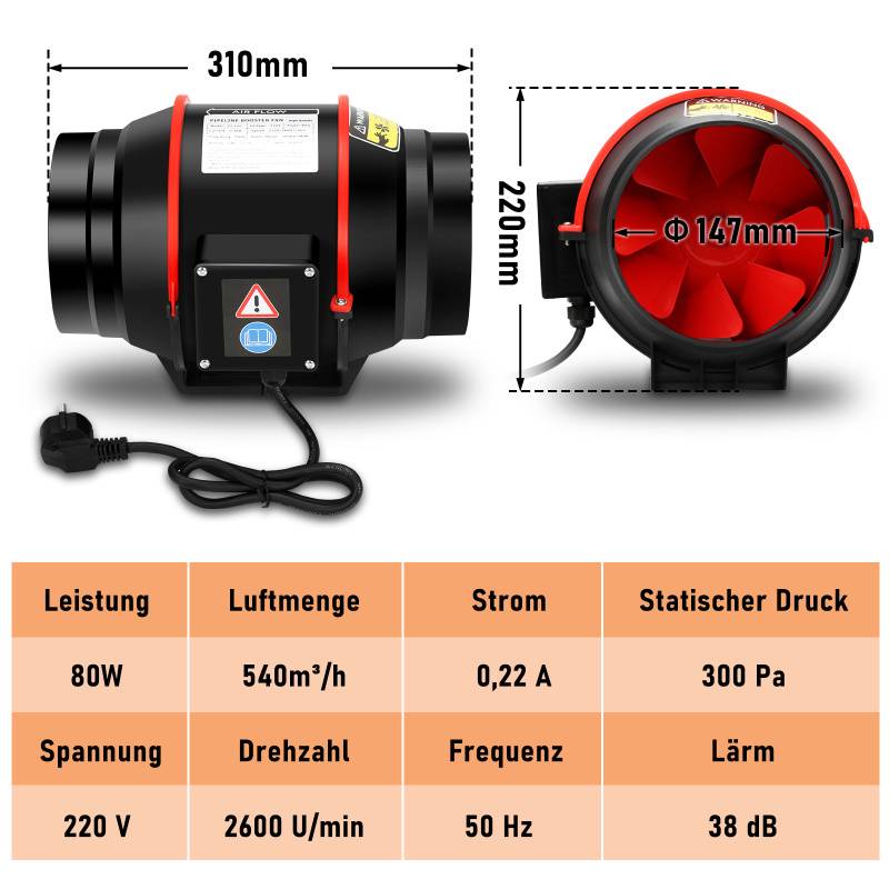 Rohrventilator 150mm Bad-Lüfter mit Fernbedienung Lüfter Leise Wandlüfter Abluftventilator Bad-Ventilator