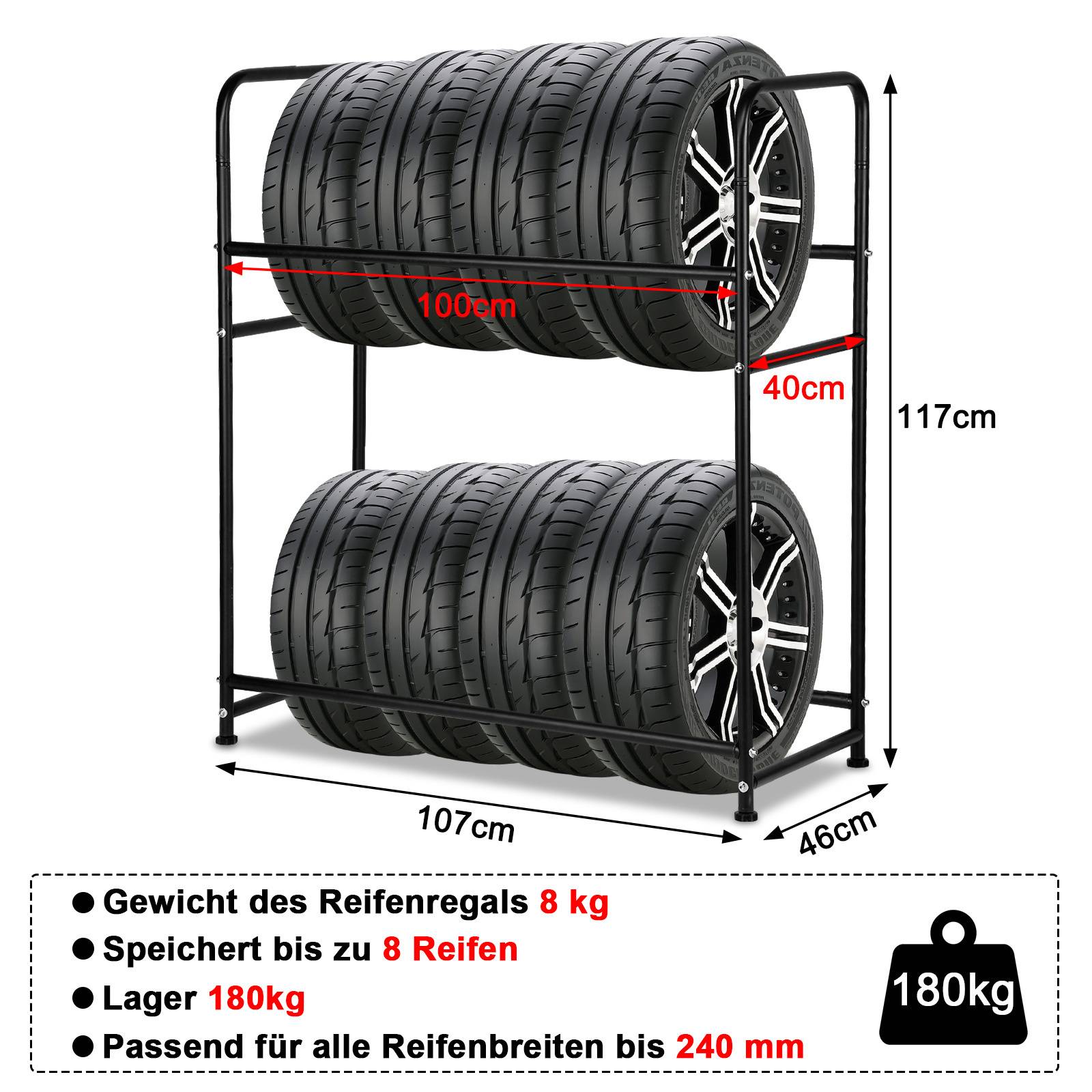 Reifenregal für 8 Reifen Reifenstaender Lagerregal Felgenbaum Hoehenverstellung 107 x 46 x 117cm, Ladekapazitaet 180kg, mit Reifenschutzhuelle