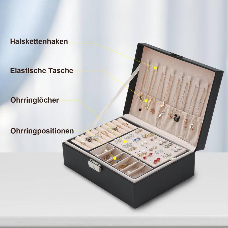2 Schichten Schmuckkasten Schmuckkoffer Schmuckkästchen schwarz