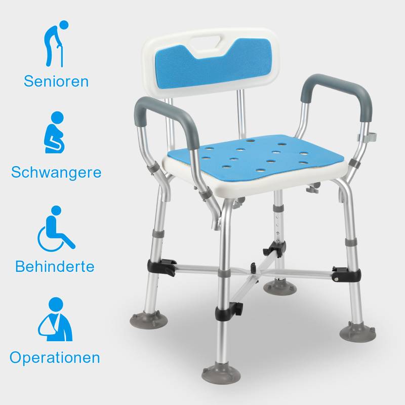 Duschhocker Höhenverstellbar Badhocker Duschstuhl - mit arm und rückenlehne Überkreuzte Stützen bis 180kg