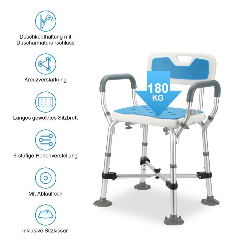 Duschhocker Höhenverstellbar Badhocker Duschstuhl - mit arm und rückenlehne Überkreuzte Stützen bis 180kg