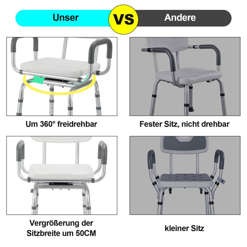 Duschhocker Badhocker Höhenverstellbar Duschstuhl bis 136kg mit arm und rückenlehne Badsitz 360° Drehbar