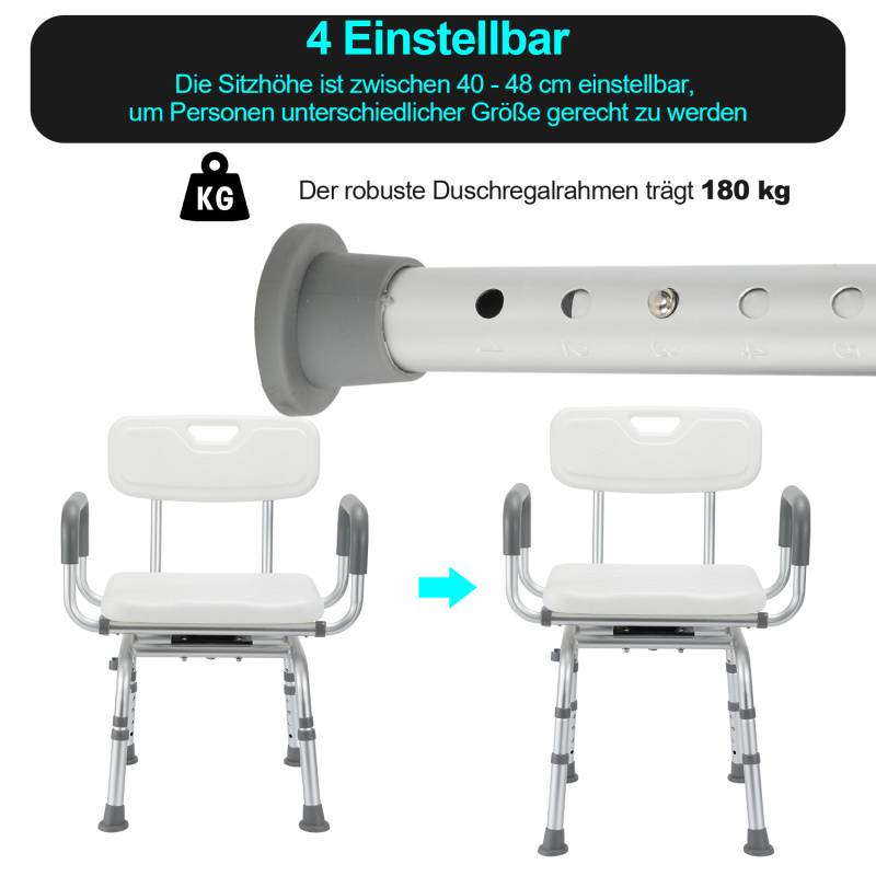 Duschhocker Badhocker Höhenverstellbar Duschstuhl bis 136kg mit arm und rückenlehne Badsitz 360° Drehbar