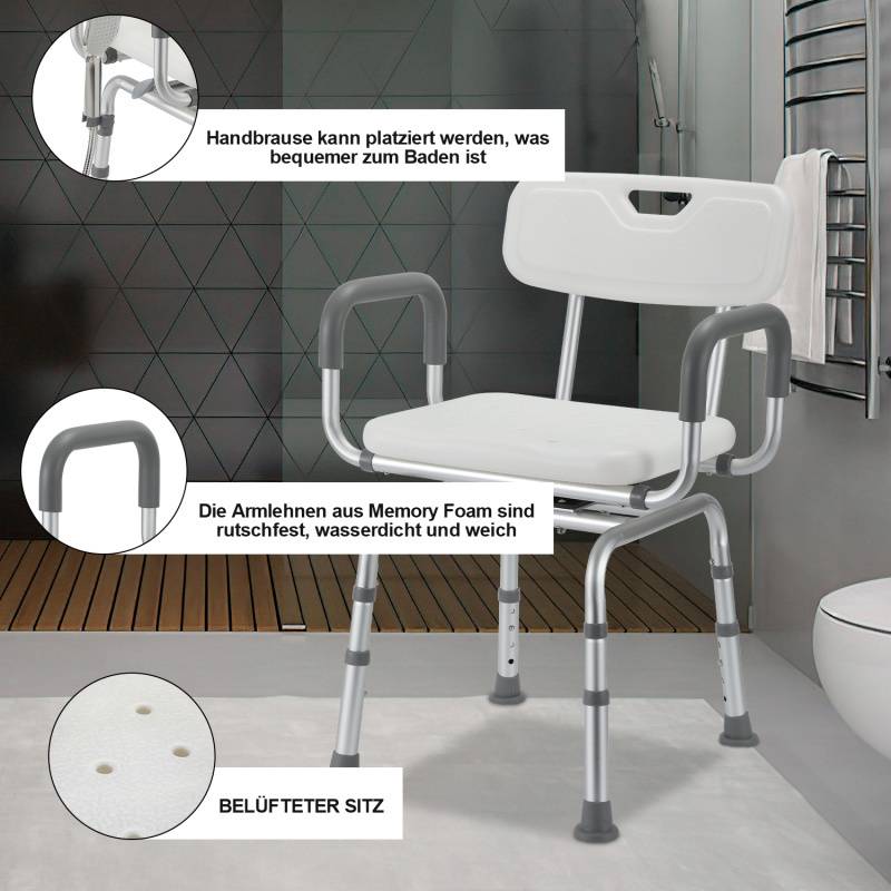 Duschhocker Badhocker Höhenverstellbar Duschstuhl bis 136kg mit arm und rückenlehne Badsitz 360° Drehbar