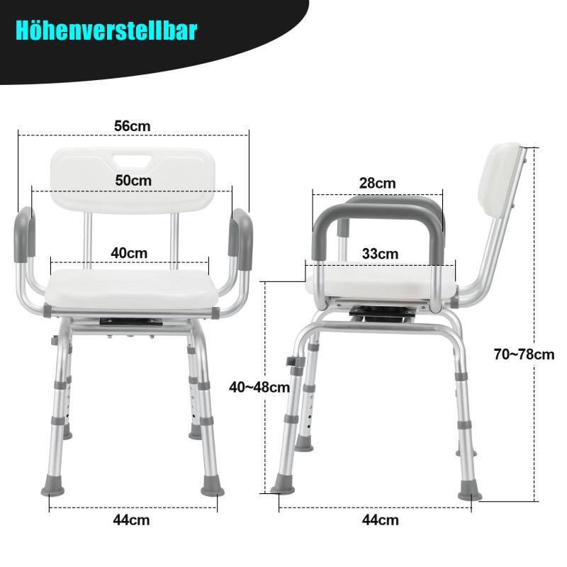 Duschhocker Badhocker Höhenverstellbar Duschstuhl bis 136kg mit arm und rückenlehne Badsitz 360° Drehbar