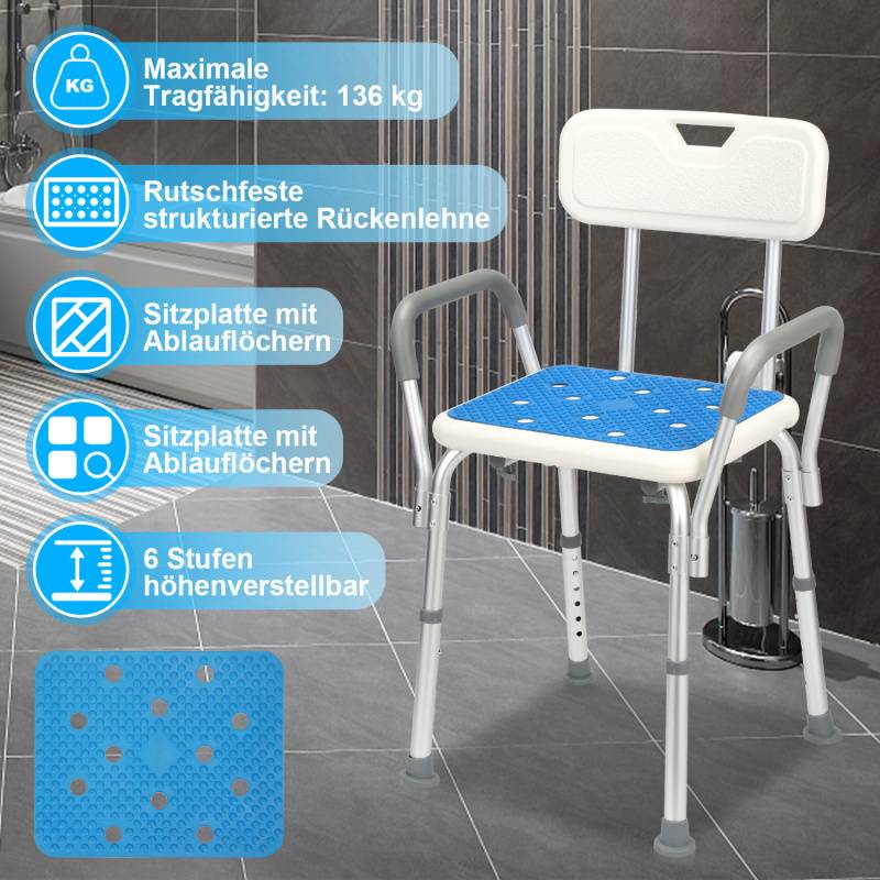 Duschhocker Badhocker Höhenverstellbar Duschstuhl bis 136kg Badsitz mit arm und rückenlehne Quadrat