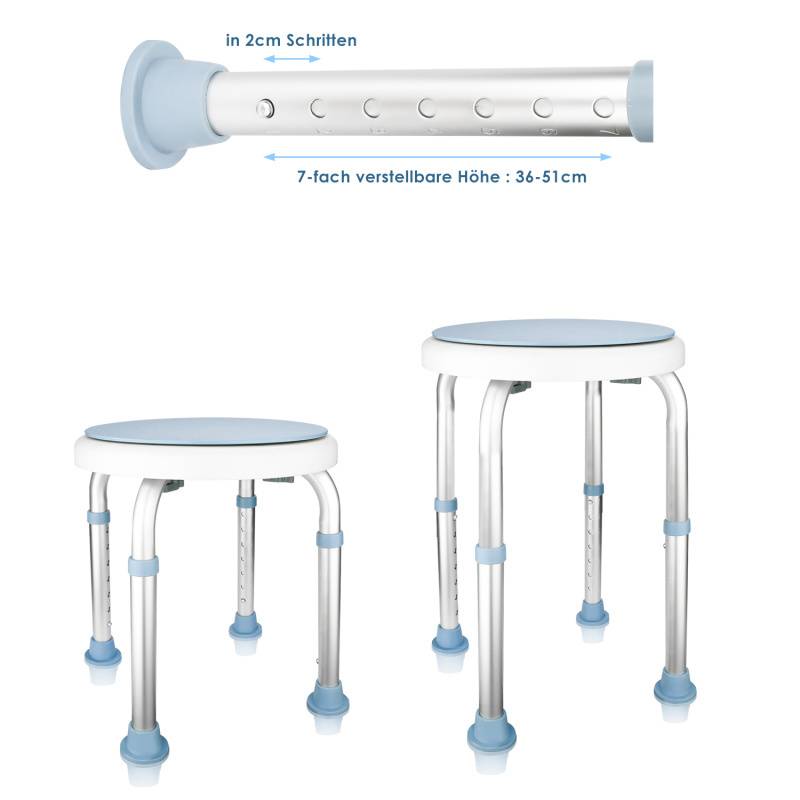Duschhocker Badhocker Höhenverstellbar Duschstuhl bis 136kg Badsitz Anti-Rutsch 360°Drehbarer Rund