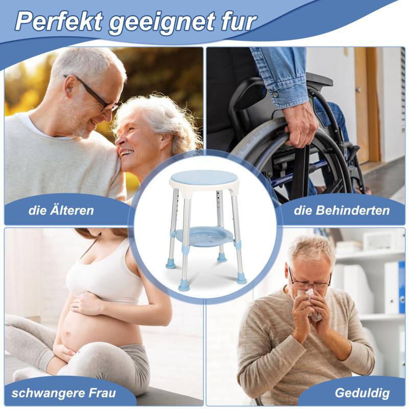 Duschhocker Badhocker Höhenverstellbar Duschstuhl bis 136kg Badsitz Anti-Rutsch mit Regal 360° Drehbar